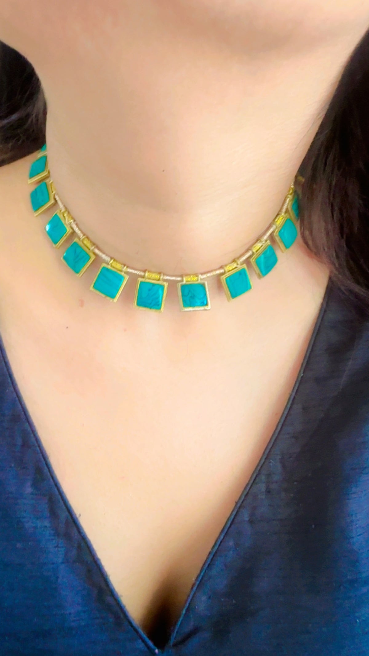 Raw Turquoise Square Tile Choker Set with Matching Square Studs | Sabyasachi Inspired Geometric Indian Minimalist Necklace