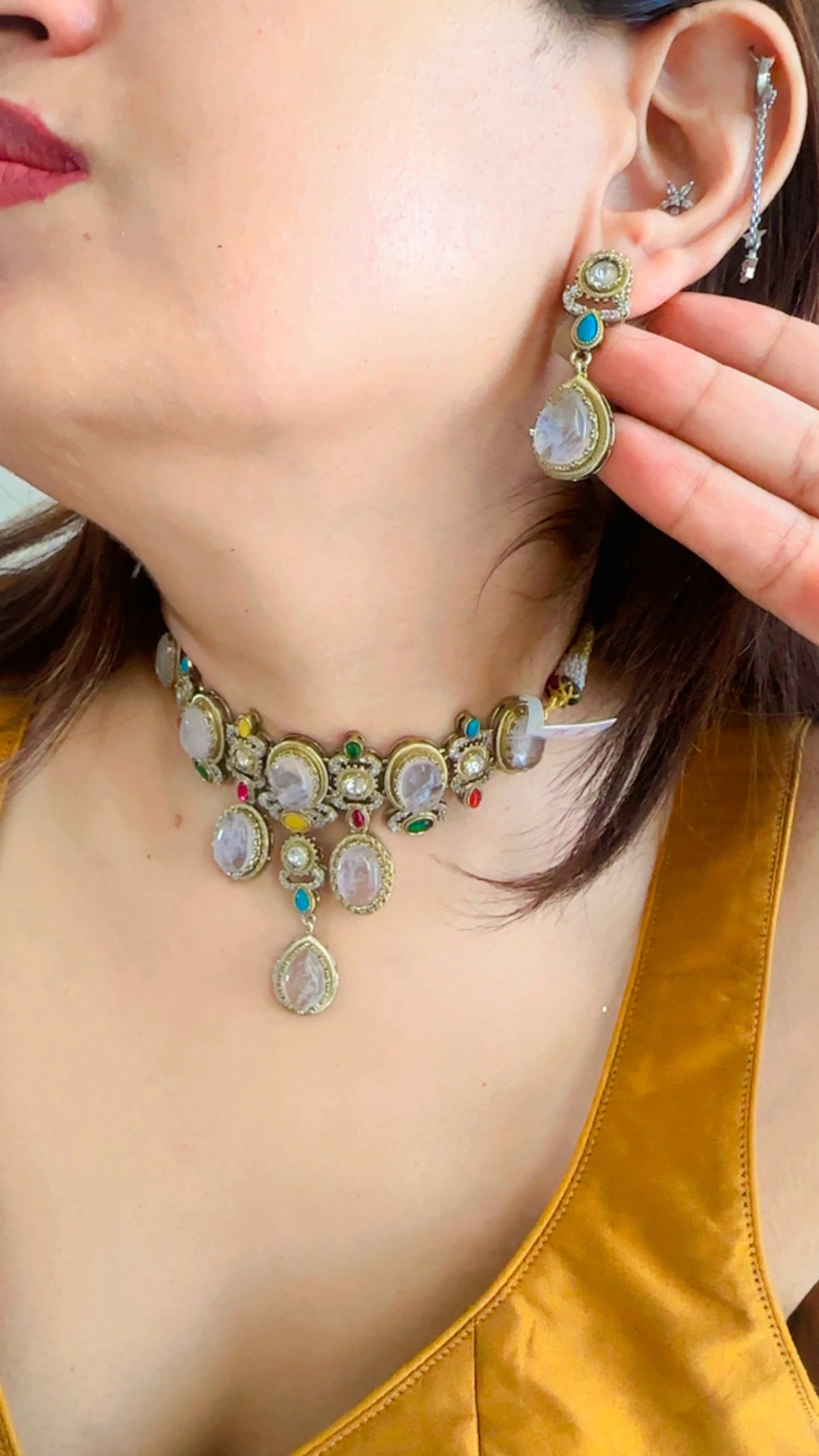 Pastel Rose Quartz Kundan Choker Set with Drop Teardrop Earrings | Sabyasachi Inspired Turquoise Accent Bridal Jewelry