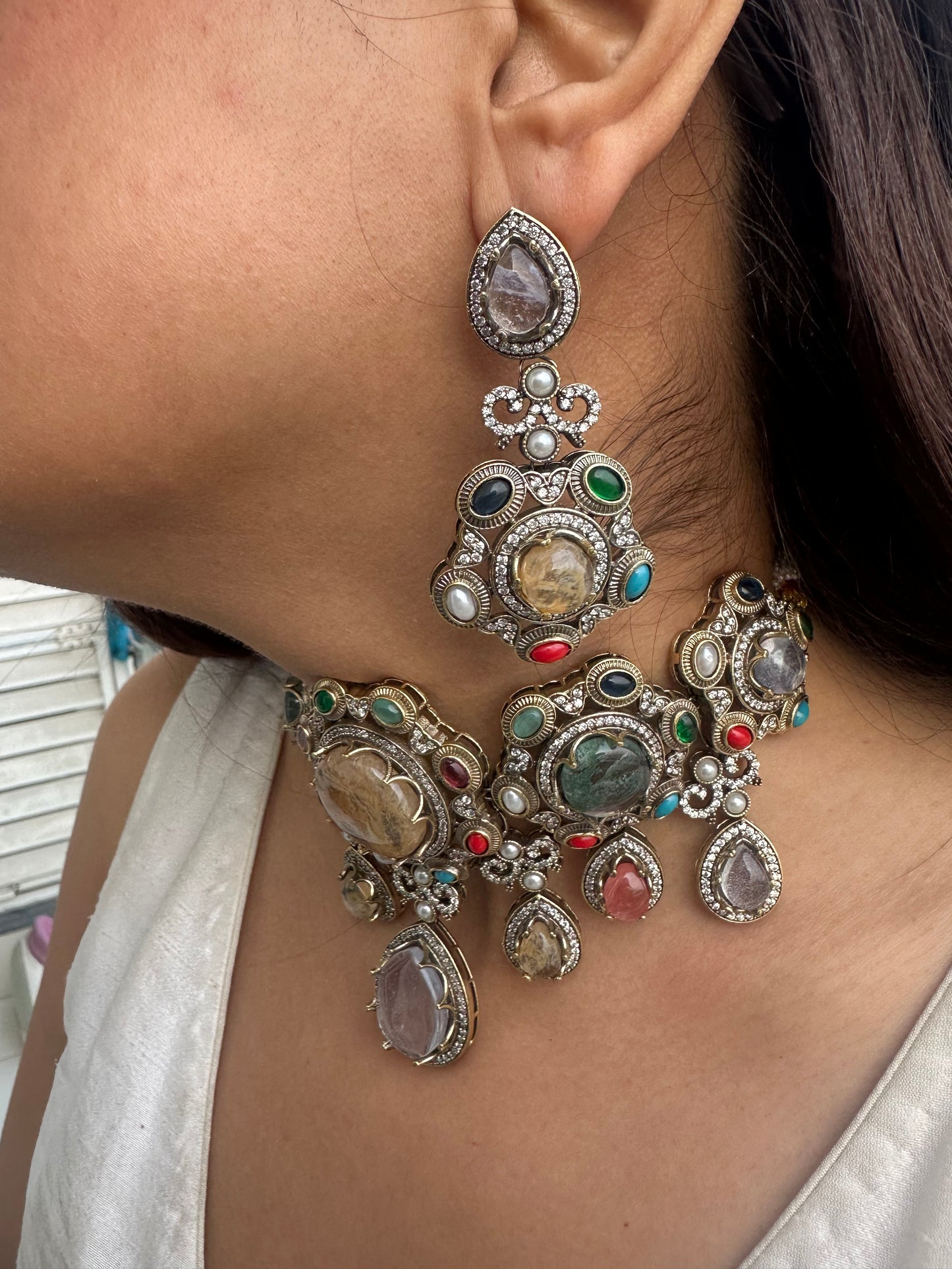 Victorian Polki Inspired Necklace with Oversized Drop Earrings - Festive Mughal Statement Jewelry