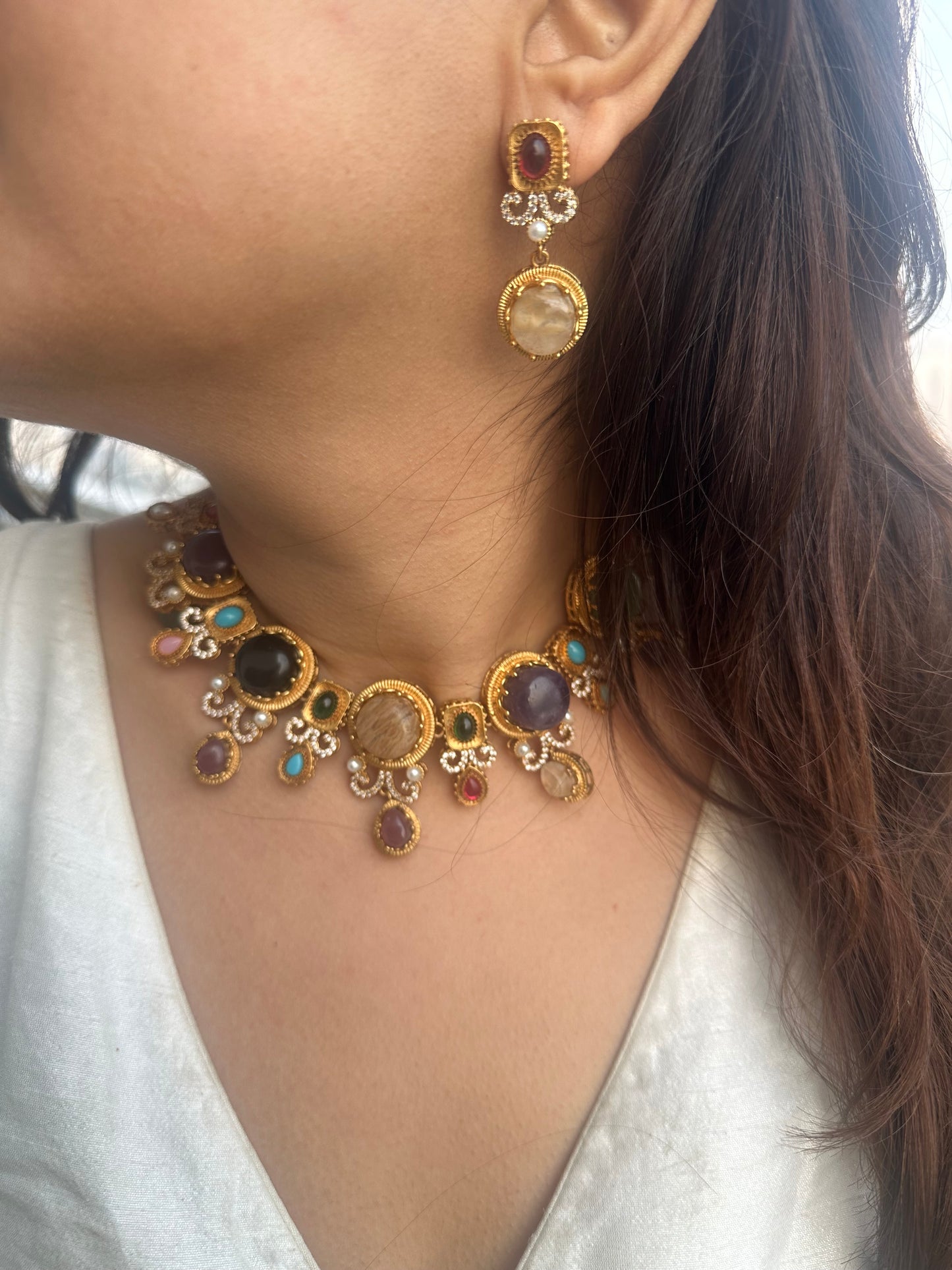 Handmade Navratna Style Choker Set - Multi-Gemstone Gold Plated Indian Necklace & Earrings - Ethnic Statement Set