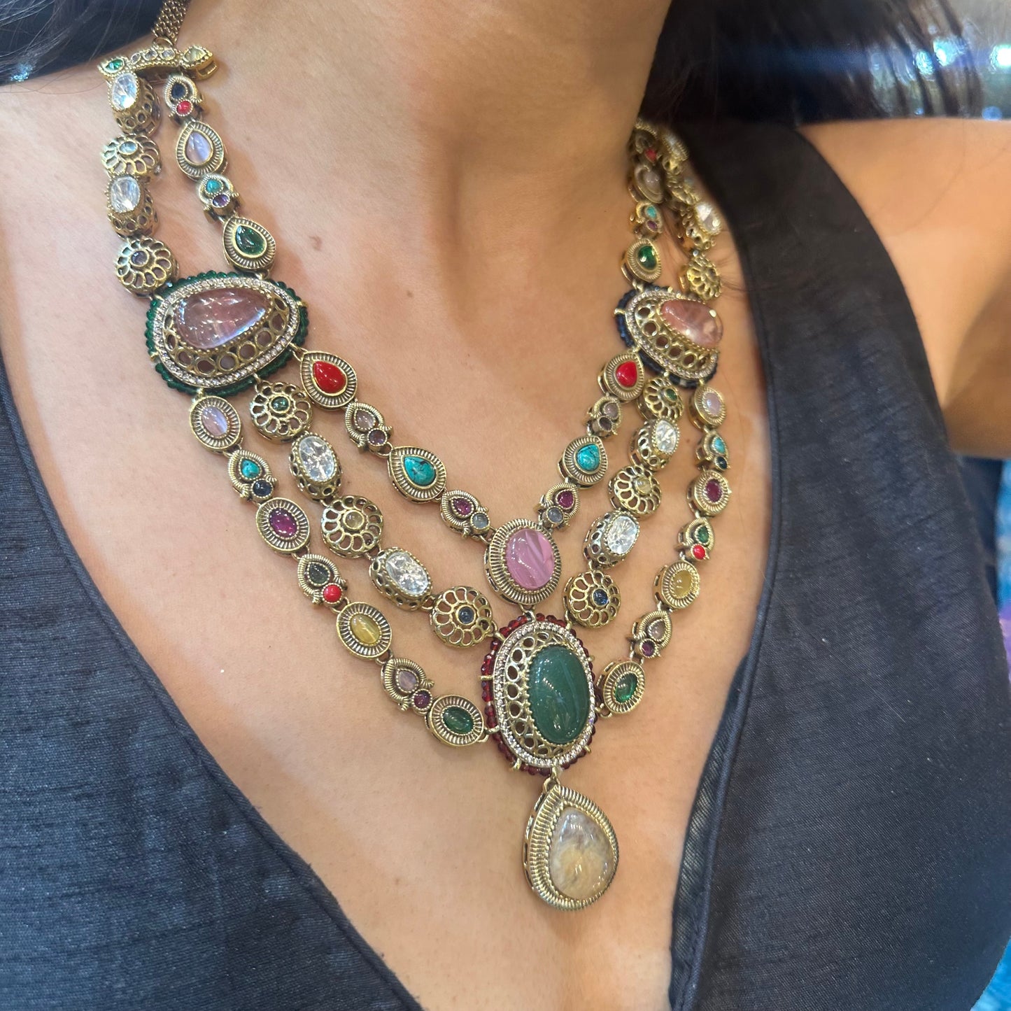 Noor-E-Gul – 3 Layer Heritage Polki Necklace with Multicolour Stones