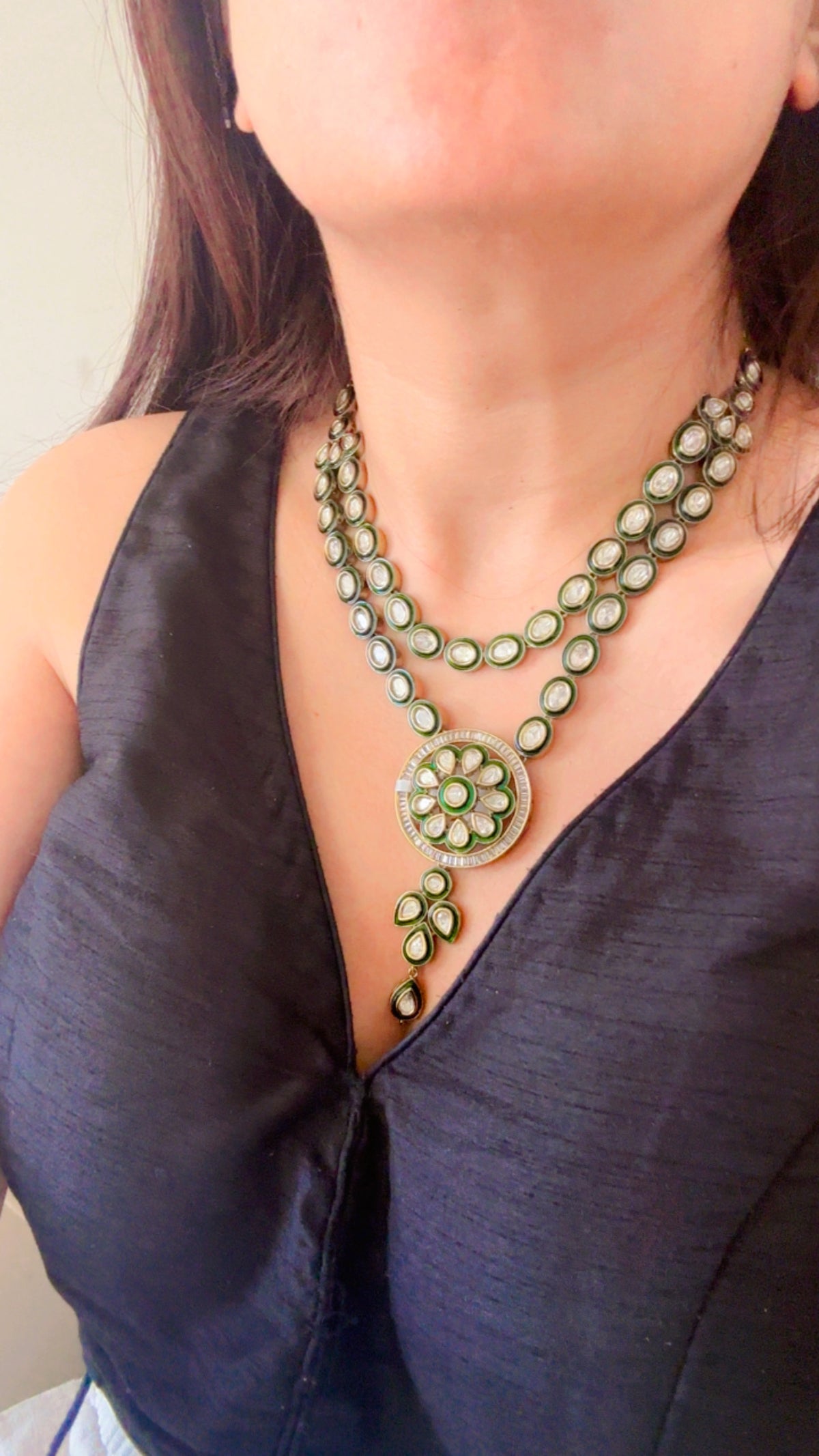 The Chandrika Layered Set – Double Strand Pachi Kundan Necklace with Floral Medallion & Chandelier Earrings