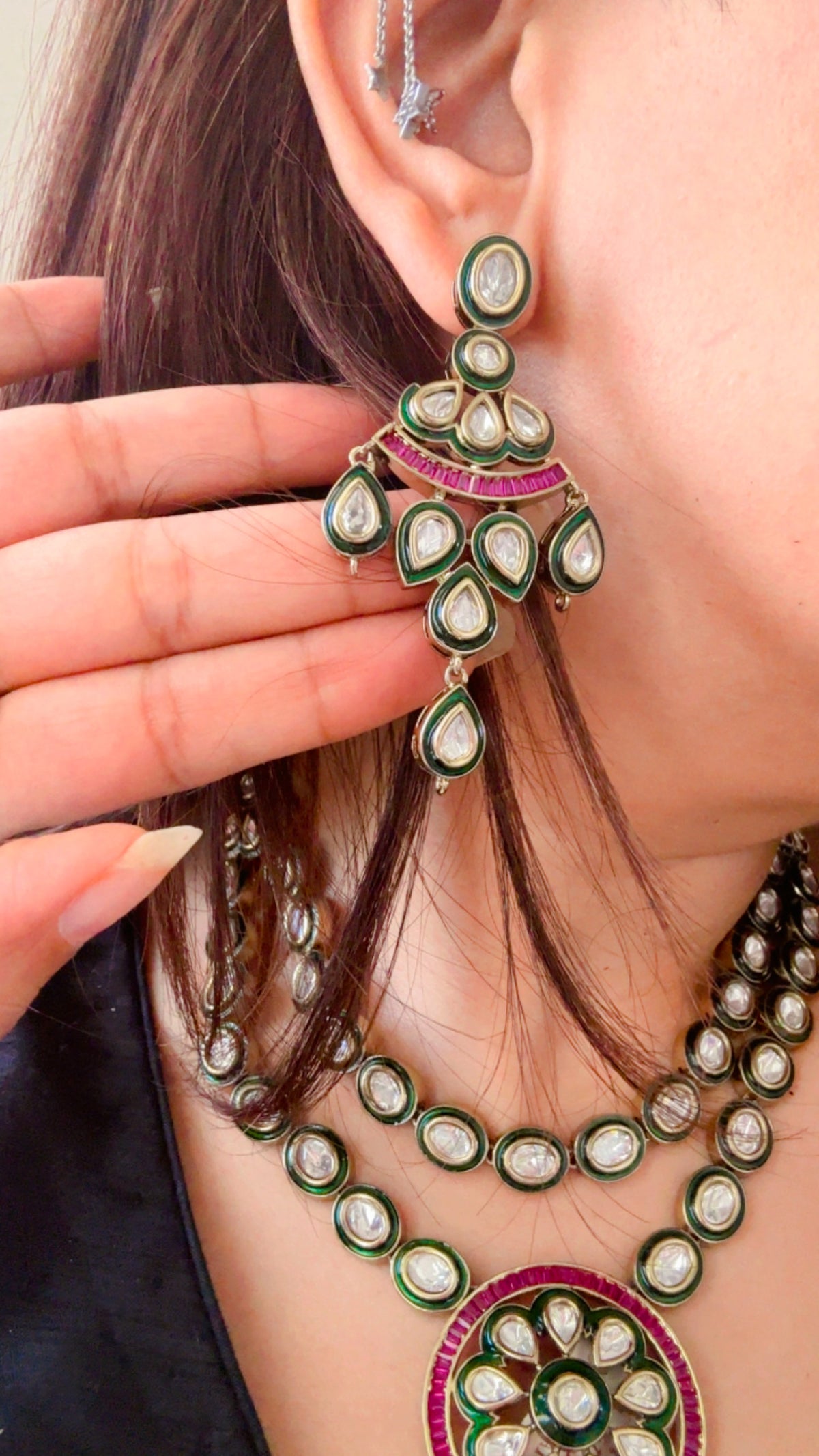 The Chandrika Layered Set – Double Strand Pachi Kundan Necklace with Floral Medallion & Chandelier Earrings