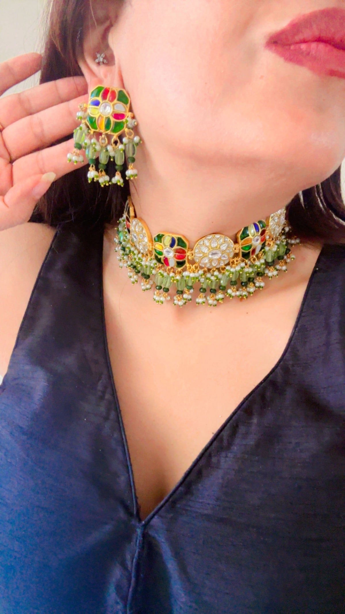 Medallion Green Pearl Drop | Traditional Pachi Kundan Choker Set with Pearl Strand & Hanging Beads | Meenakari Indian Bridal Jewelry | Pearl Cord Choker Earrings Set (Copy)