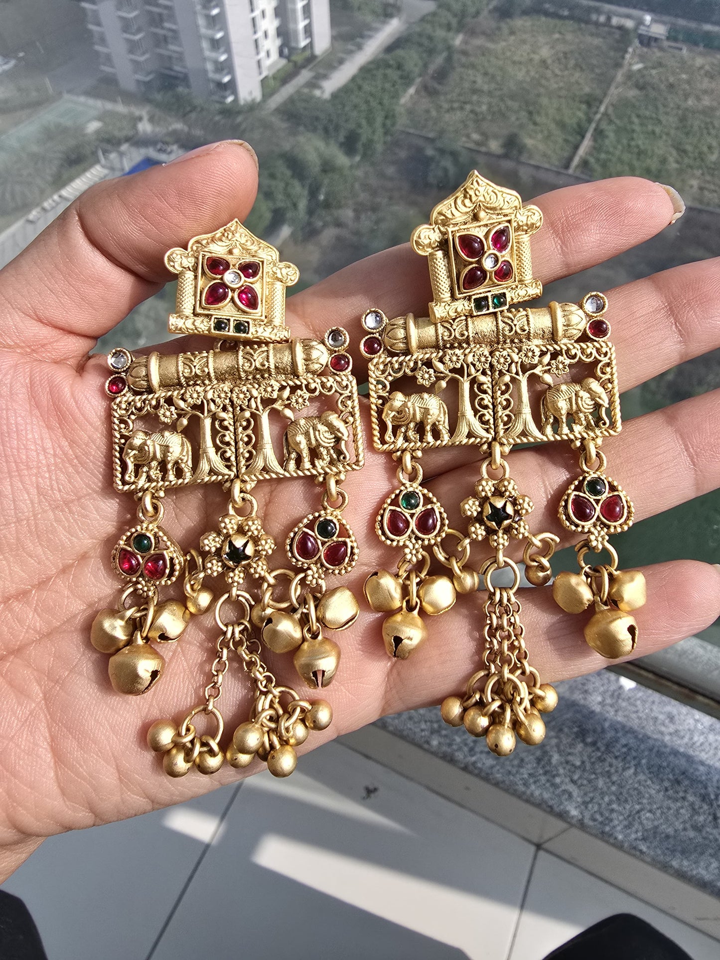 Elephant Temple Earrings | Matte Gold Indian Jewelry
