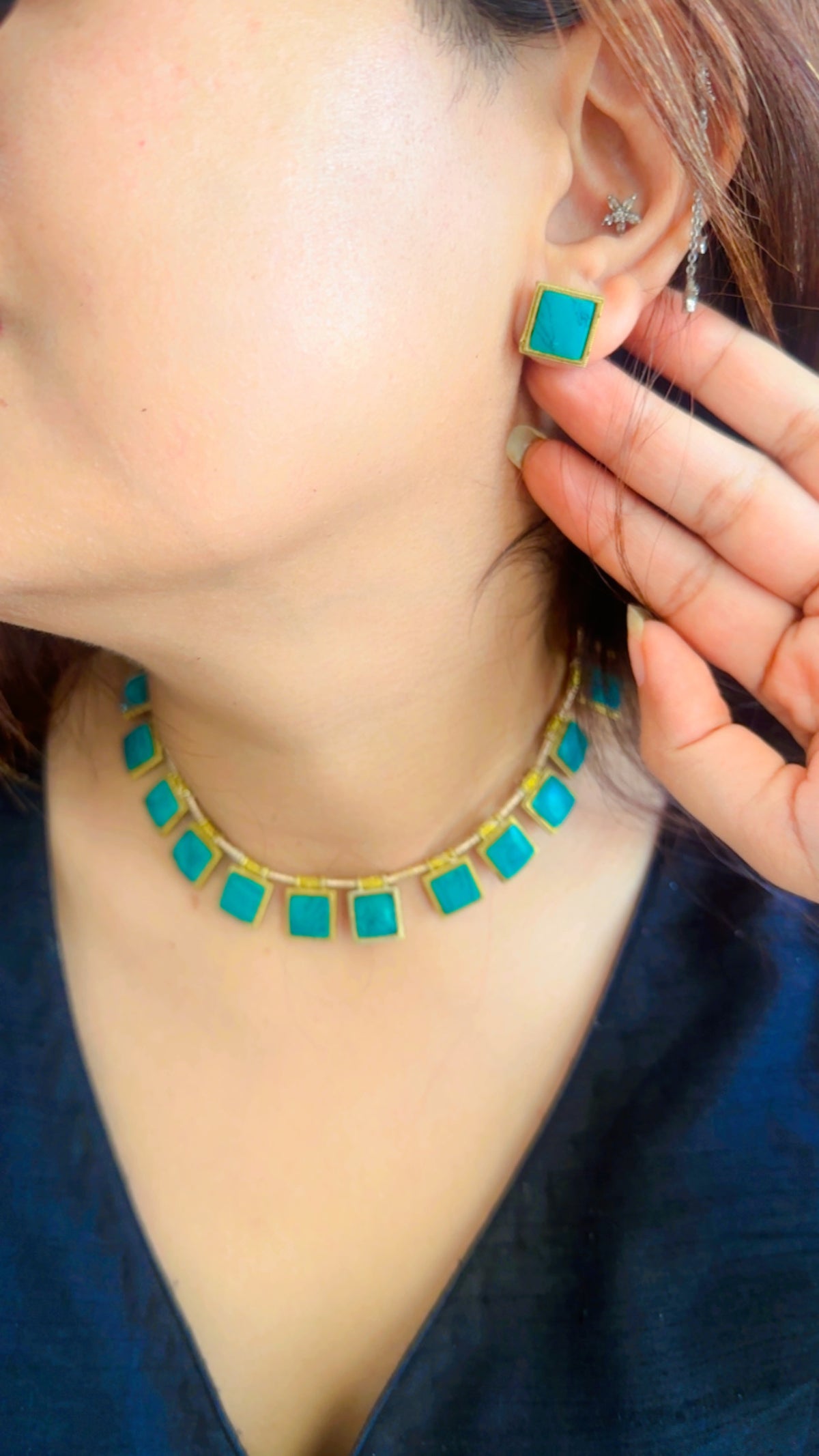 Raw Turquoise Square Tile Choker Set with Matching Square Studs | Sabyasachi Inspired Geometric Indian Minimalist Necklace