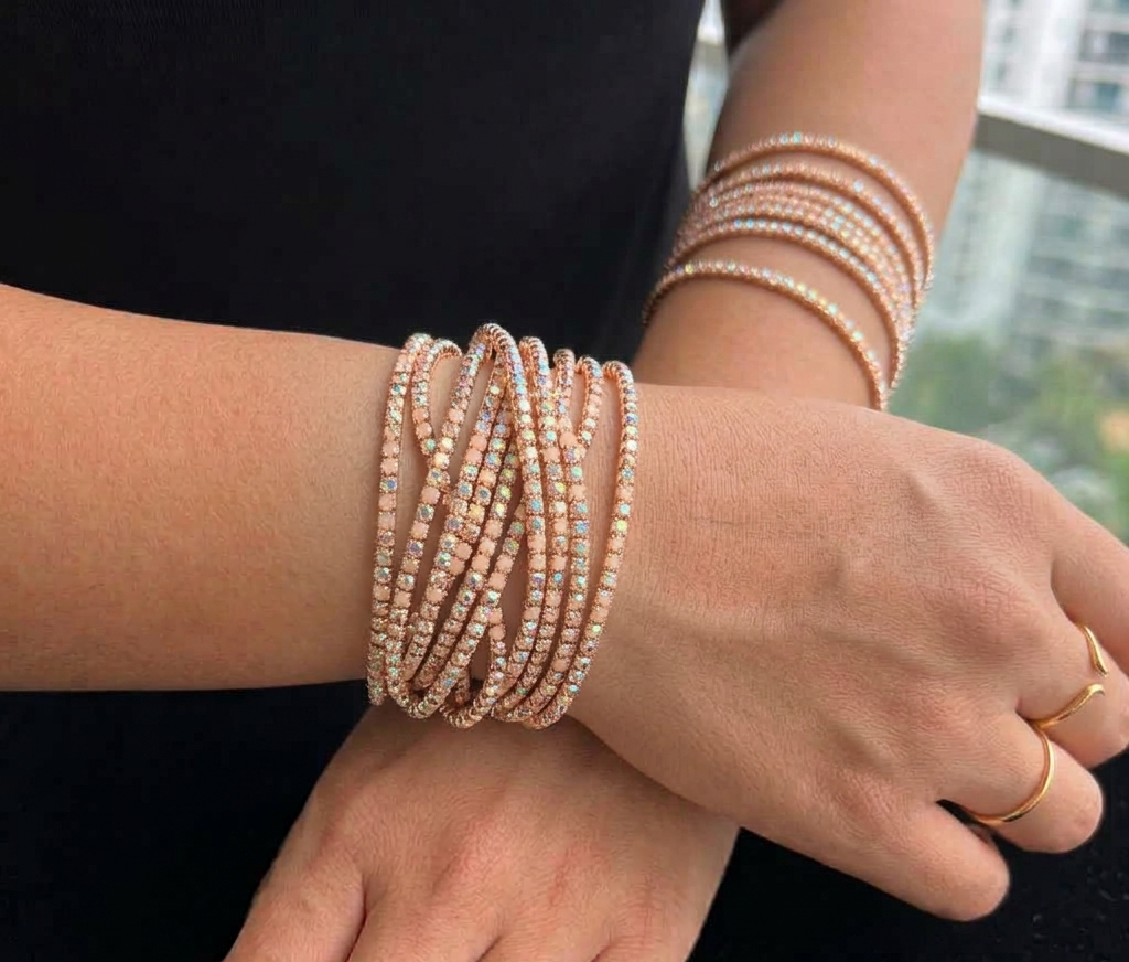 12-Piece Stretch Tennis Bracelet Set, Iridescent CZ Rhinestones, Stackable Gold/Silver Tone Bangles