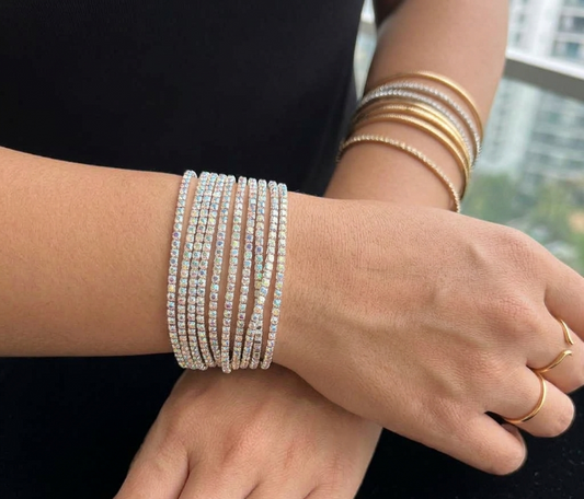 12-Piece Stretch Tennis Bracelet Set, Iridescent CZ Rhinestones, Stackable Gold/Silver Tone Bangles
