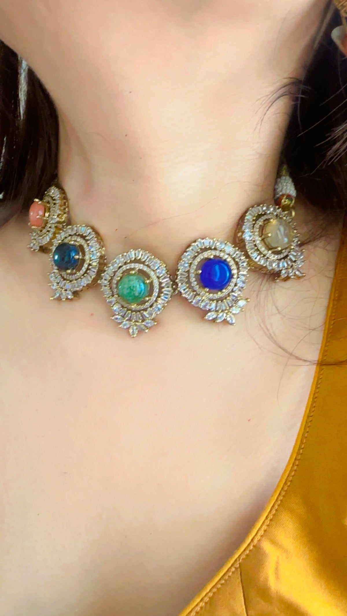 Sabyasachi Inspired Kundan Choker Necklace Set | Pastel Stones, Crystal Halo, Antique Gold Plating