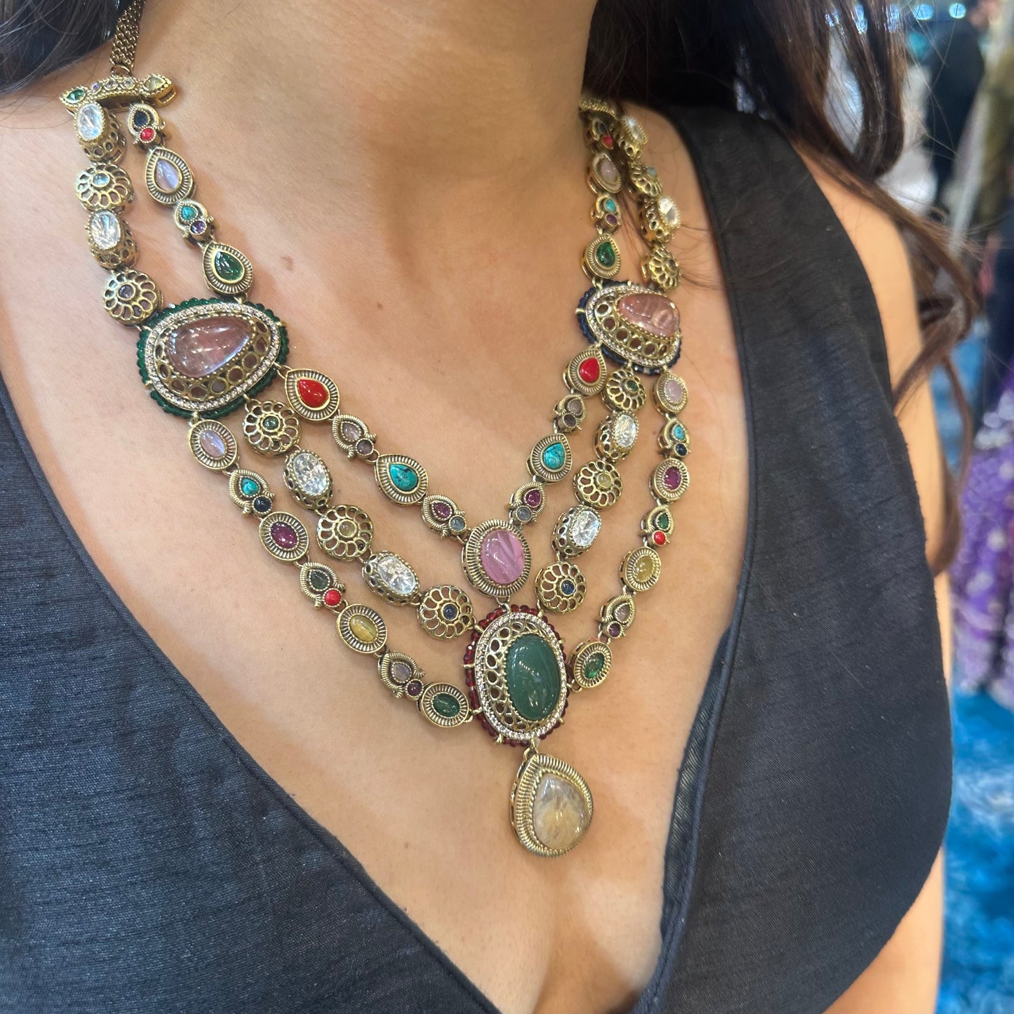 Noor-E-Gul – 3 Layer Heritage Polki Necklace with Multicolour Stones