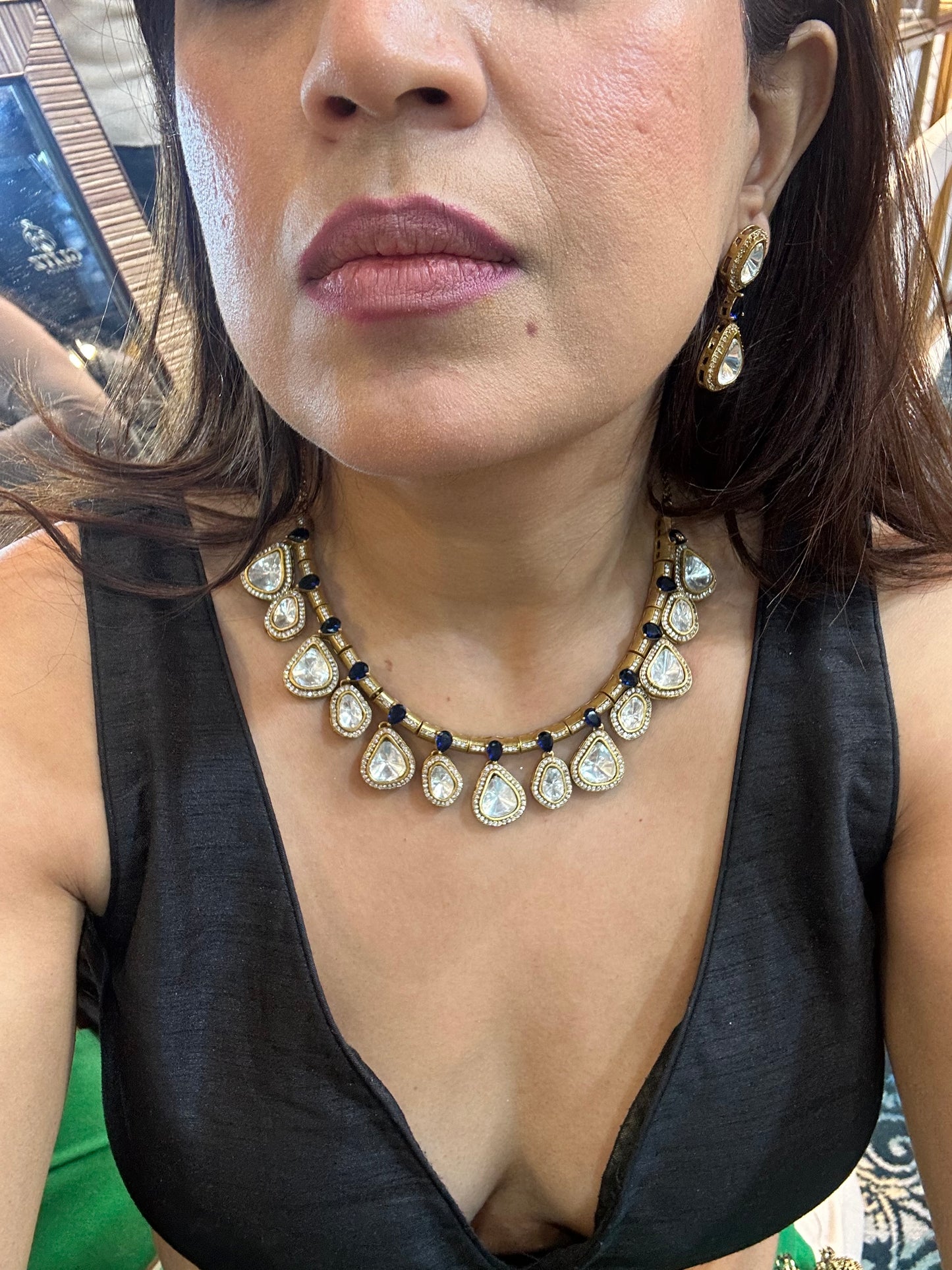 Polki Hasli Choker Set - Teardrop Earrings, Indian Jewelry