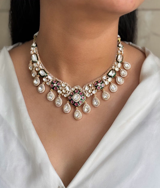 Meena and Kundan Polki Necklace set with Maangtika