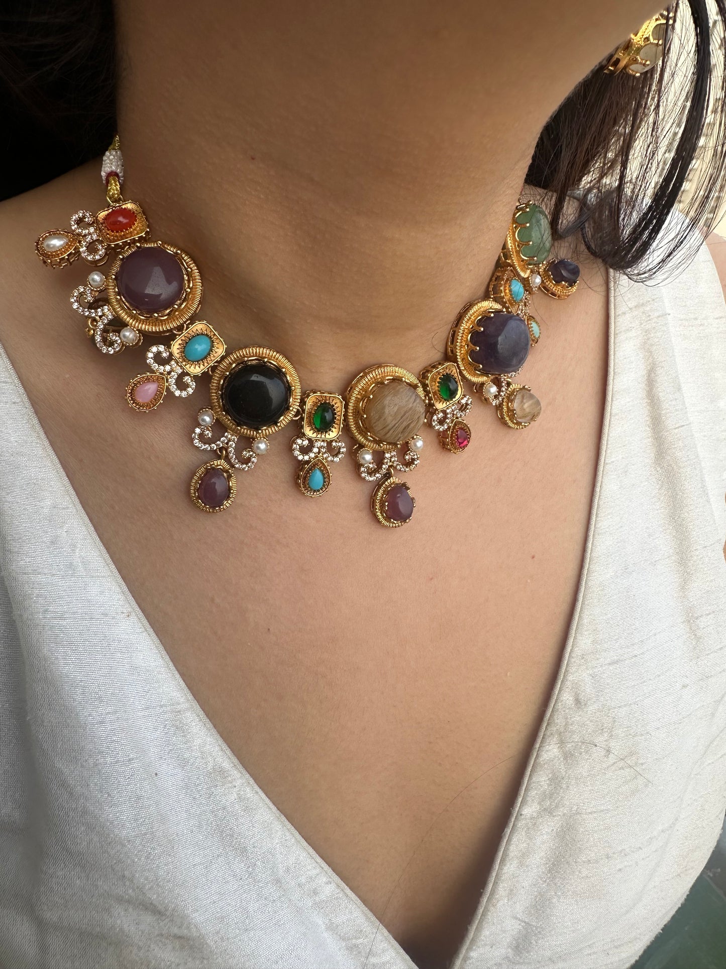 Handmade Navratna Style Choker Set - Multi-Gemstone Gold Plated Indian Necklace & Earrings - Ethnic Statement Set