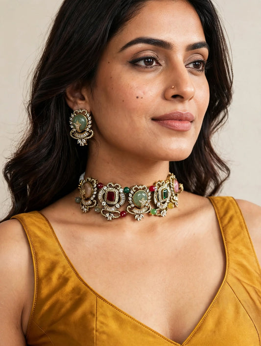 Multicolor Kundan Stone Choker Necklace Set with Earrings | Indian Bridal Jewelry | Sabyasachi Inspired Royal Heritage Statement Set