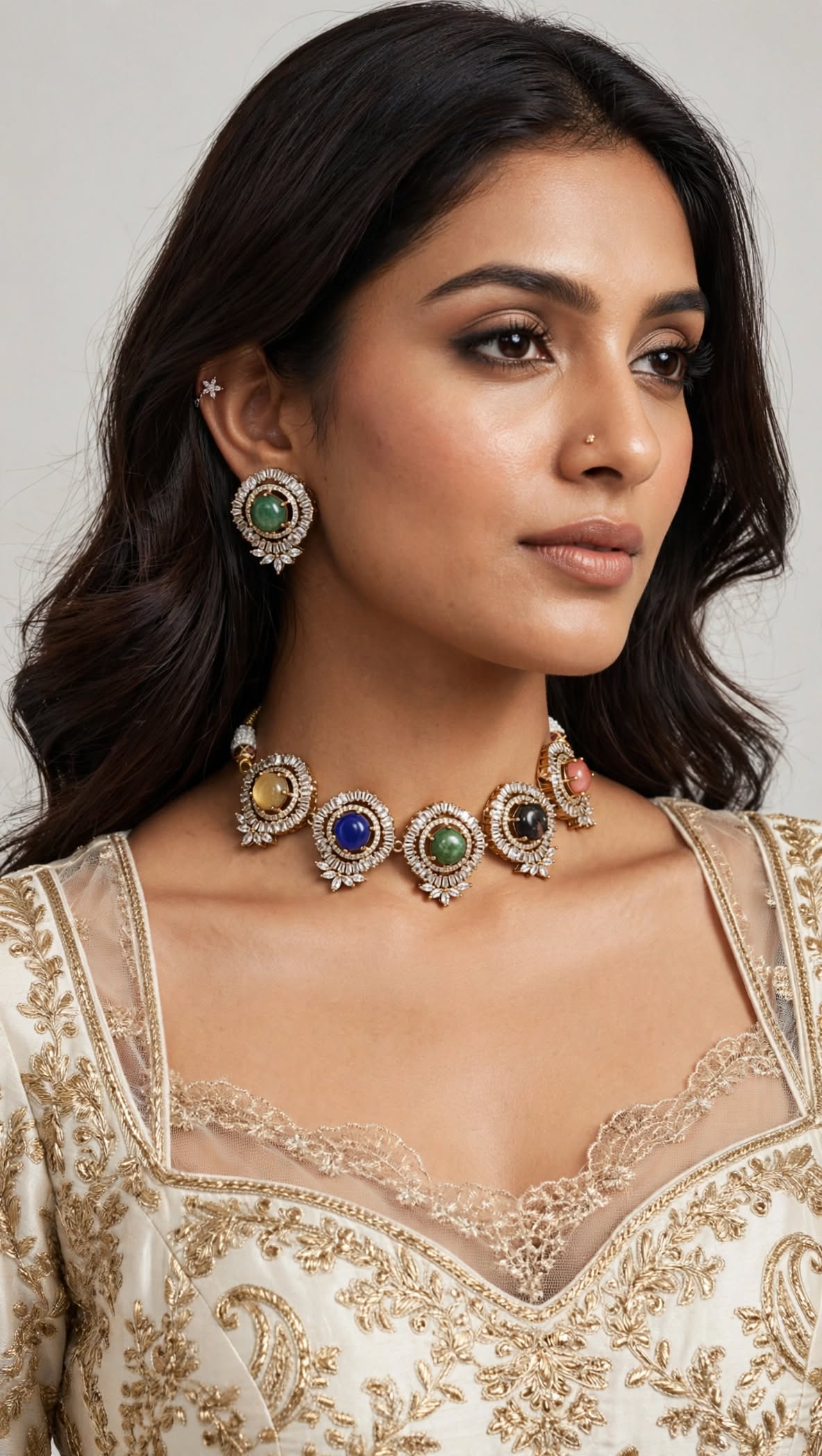 Sabyasachi Inspired Kundan Choker Necklace Set | Pastel Stones, Crystal Halo, Antique Gold Plating