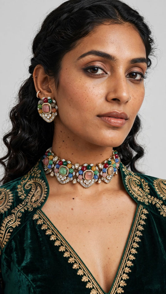 Multicolor Bead & Kundan Choker Necklace Set with Statement Studs | Sabyasachi Inspired Royal Bridal Jewelry | Heritage Gemstone Choker