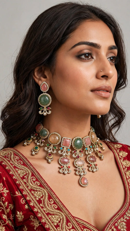 Multicolor Kundan Drop Necklace Set with Dangle Earrings | Sabyasachi Inspired Royal Bridal Jewelry | Heritage Gemstone Statement Set