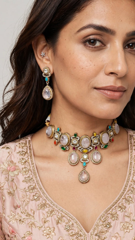 Pastel Rose Quartz Kundan Choker Set with Drop Teardrop Earrings | Sabyasachi Inspired Turquoise Accent Bridal Jewelry
