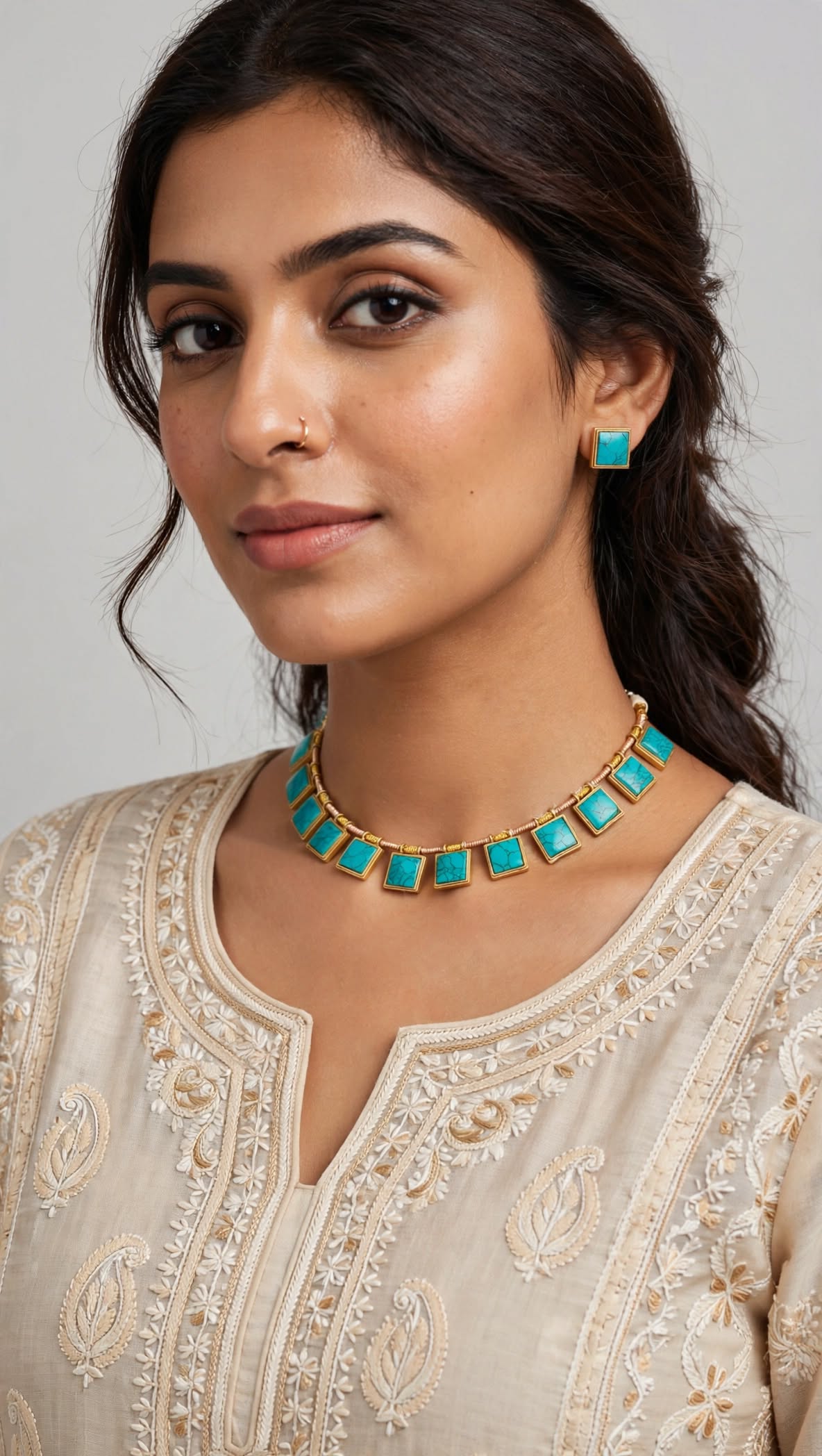Raw Turquoise Square Tile Choker Set with Matching Square Studs | Sabyasachi Inspired Geometric Indian Minimalist Necklace
