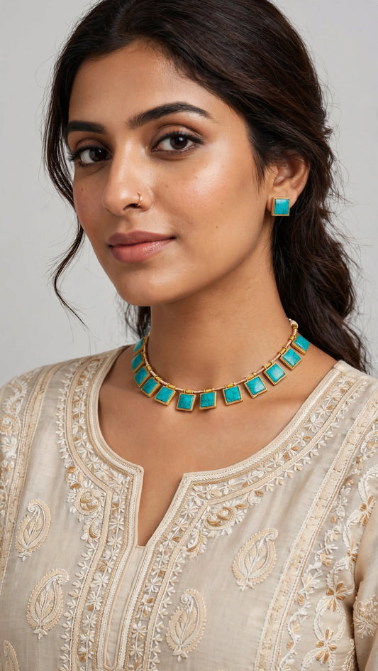 Raw Turquoise Square Tile Choker Set with Matching Square Studs | Sabyasachi Inspired Geometric Indian Minimalist Necklace