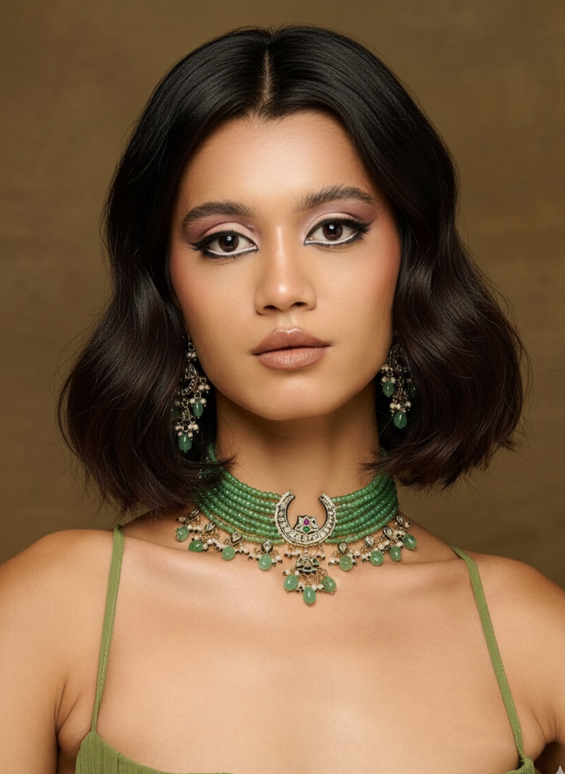 Bikaneri Mint Green Kundan Chaand Choker Necklace set