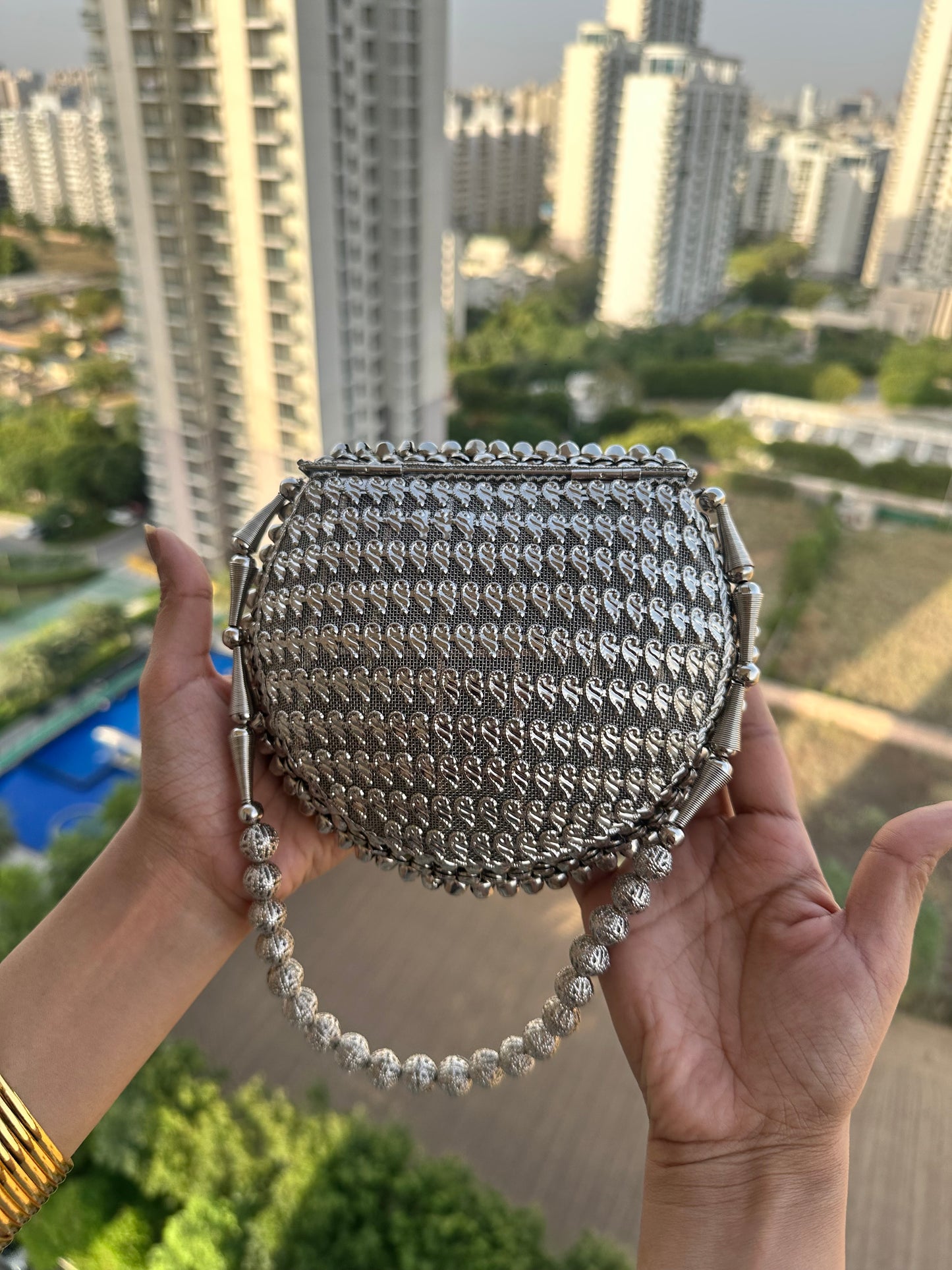 Silver Beaded Potli Clutch