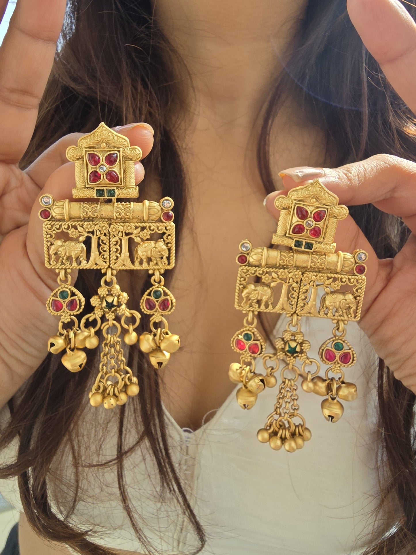 Elephant Temple Earrings | Matte Gold Indian Jewelry