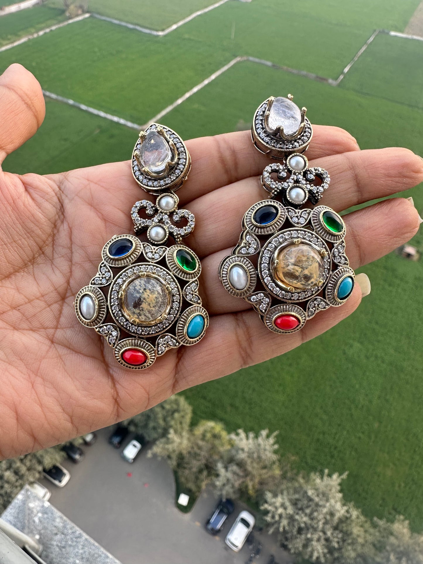 Victorian Polki Inspired Necklace with Oversized Drop Earrings - Festive Mughal Statement Jewelry