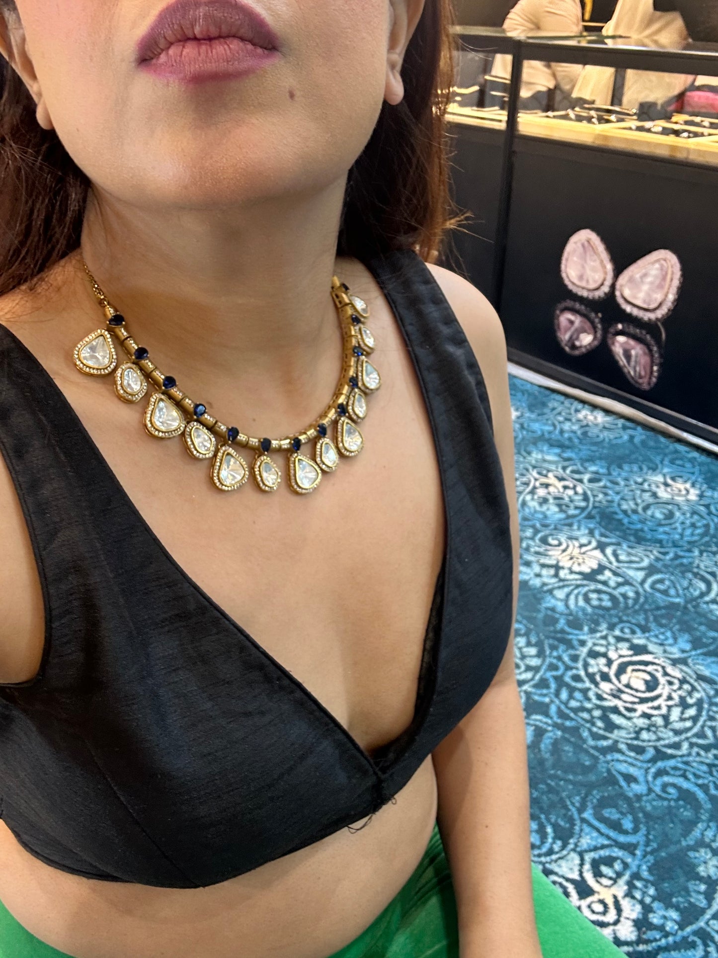 Polki Hasli Choker Set - Teardrop Earrings, Indian Jewelry