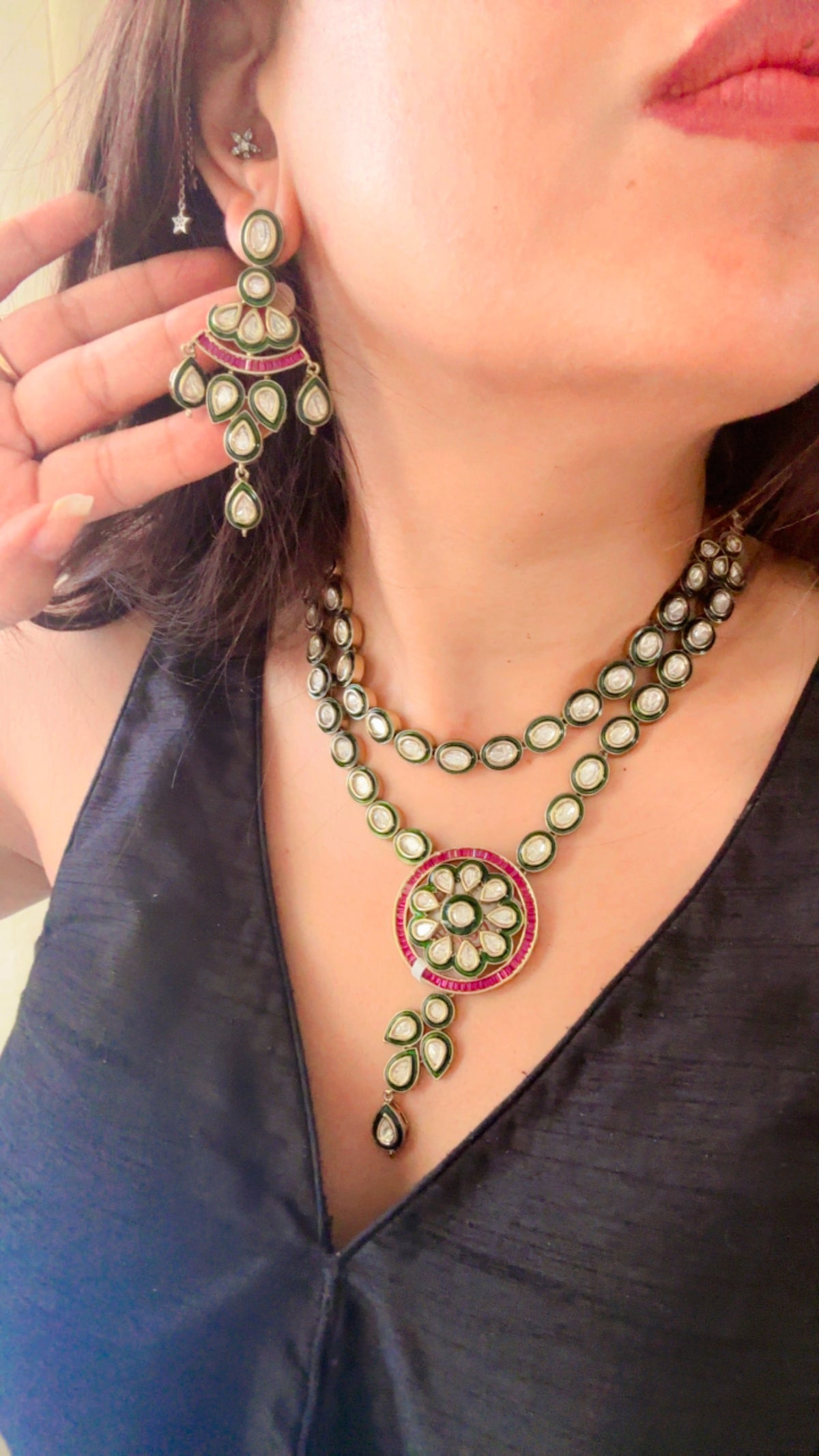 The Chandrika Layered Set – Double Strand Pachi Kundan Necklace with Floral Medallion & Chandelier Earrings