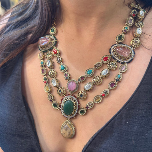 Noor-E-Gul – 3 Layer Heritage Polki Necklace with Multicolour Stones