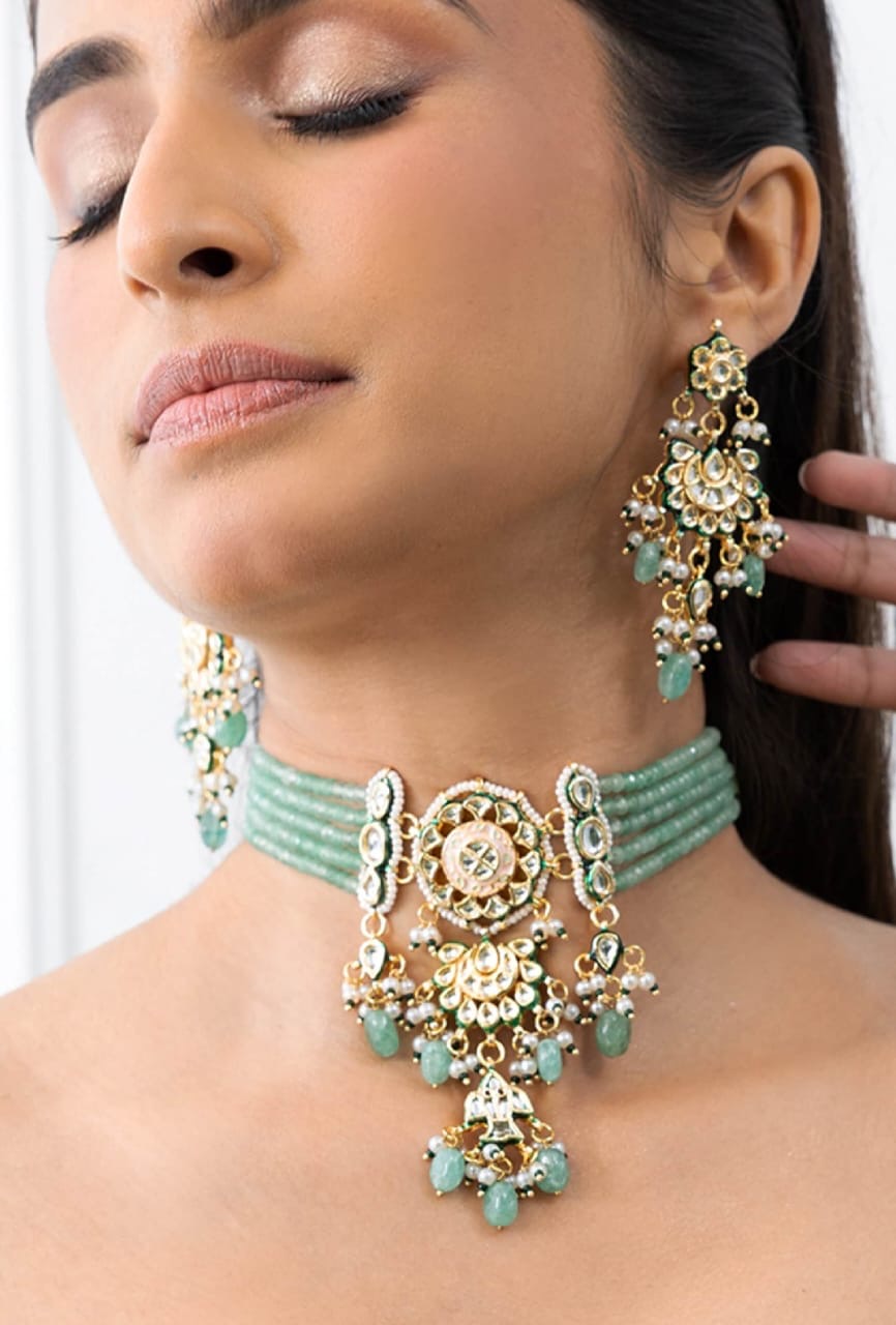 Bikaneri Emerald Dewdrop Kundan Choker Necklace set