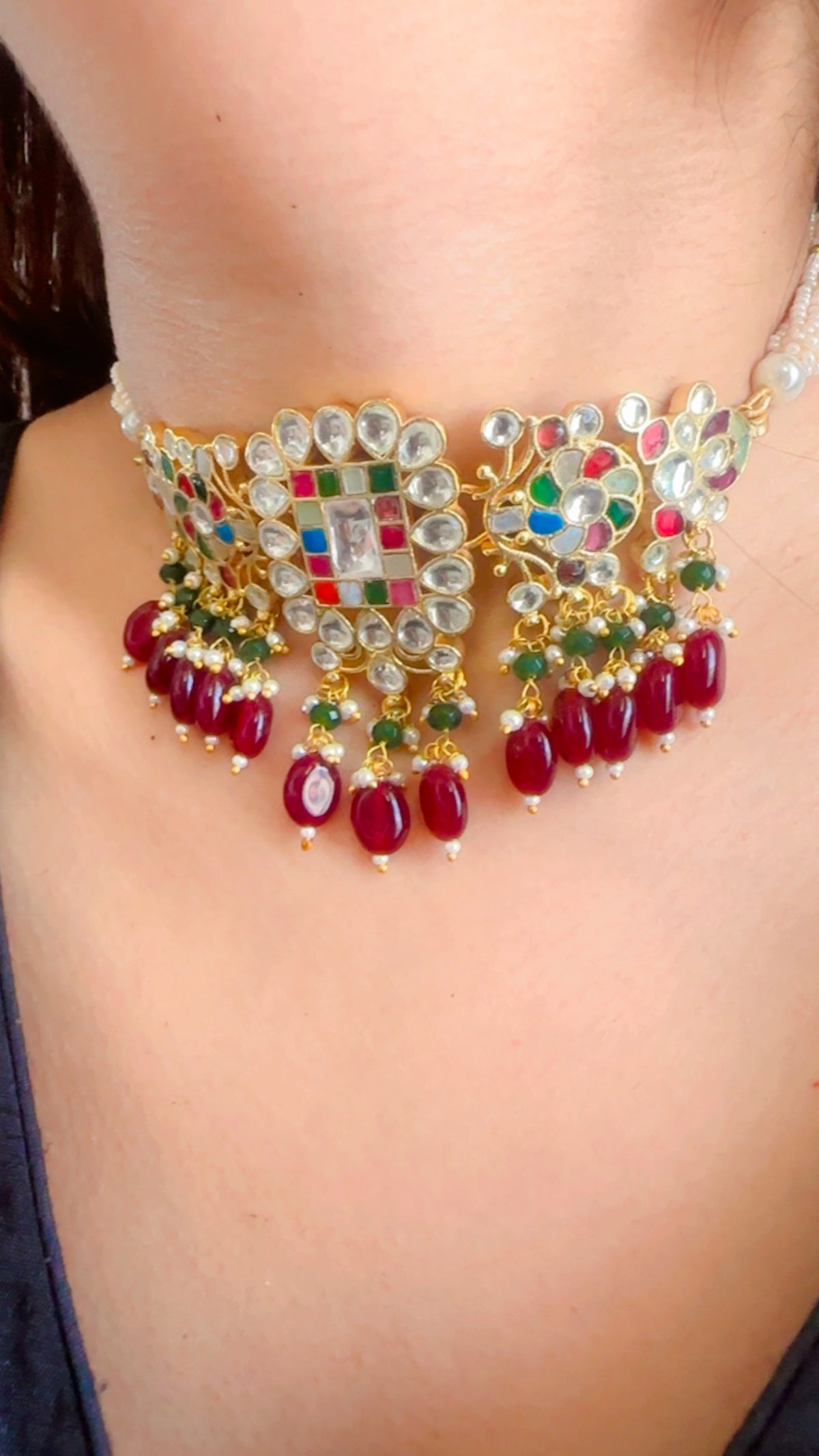 Square Meenakari Red Drop | Traditional Pachi Kundan Choker Set with Pearl Strand & Hanging Beads | Meenakari Indian Bridal Jewelry | Pearl Cord Choker Earrings Set