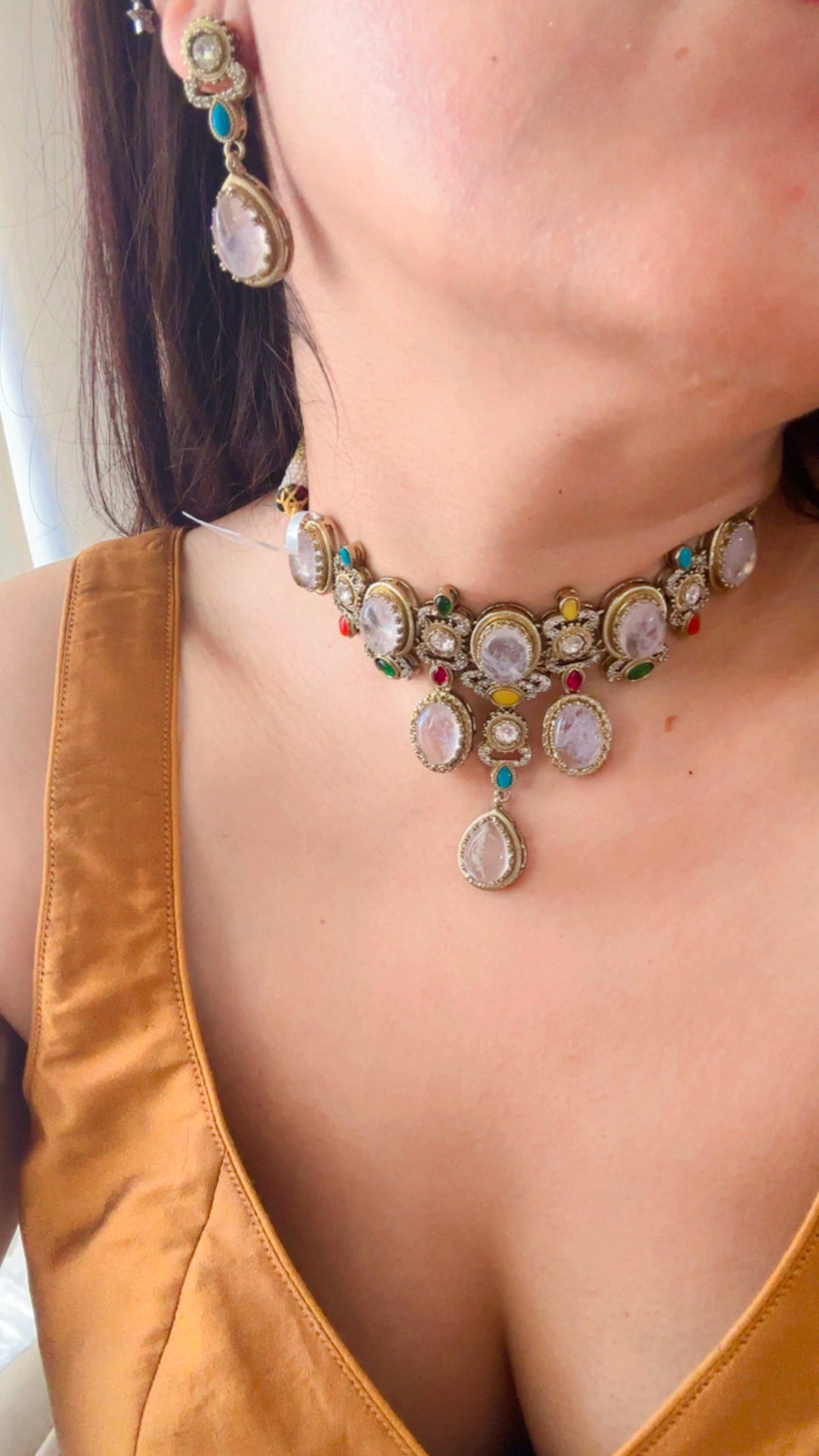Pastel Rose Quartz Kundan Choker Set with Drop Teardrop Earrings | Sabyasachi Inspired Turquoise Accent Bridal Jewelry