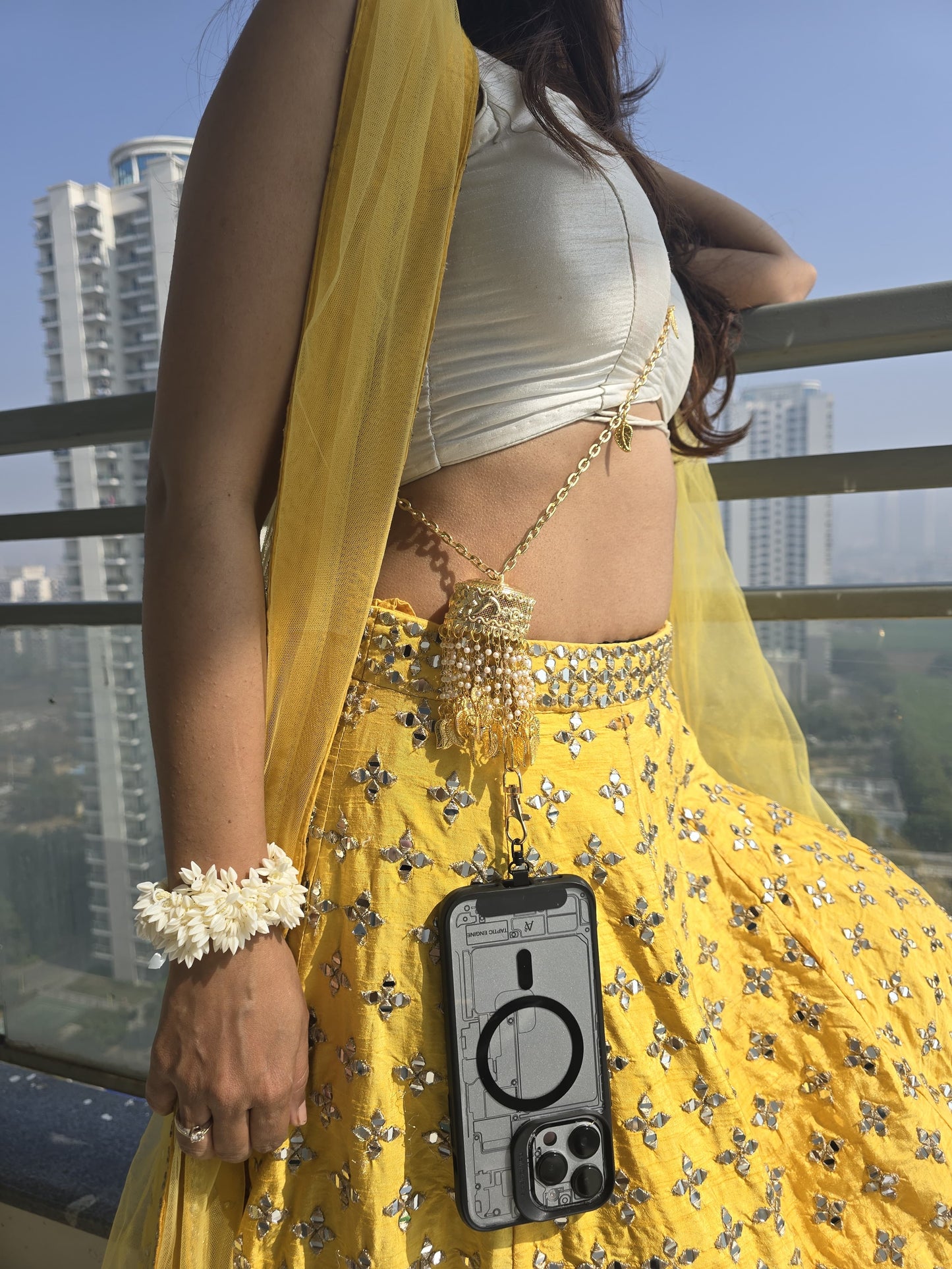 The Golden Kalira Phone Sling – Gold Wedding Chain with Universal Tether and Charms