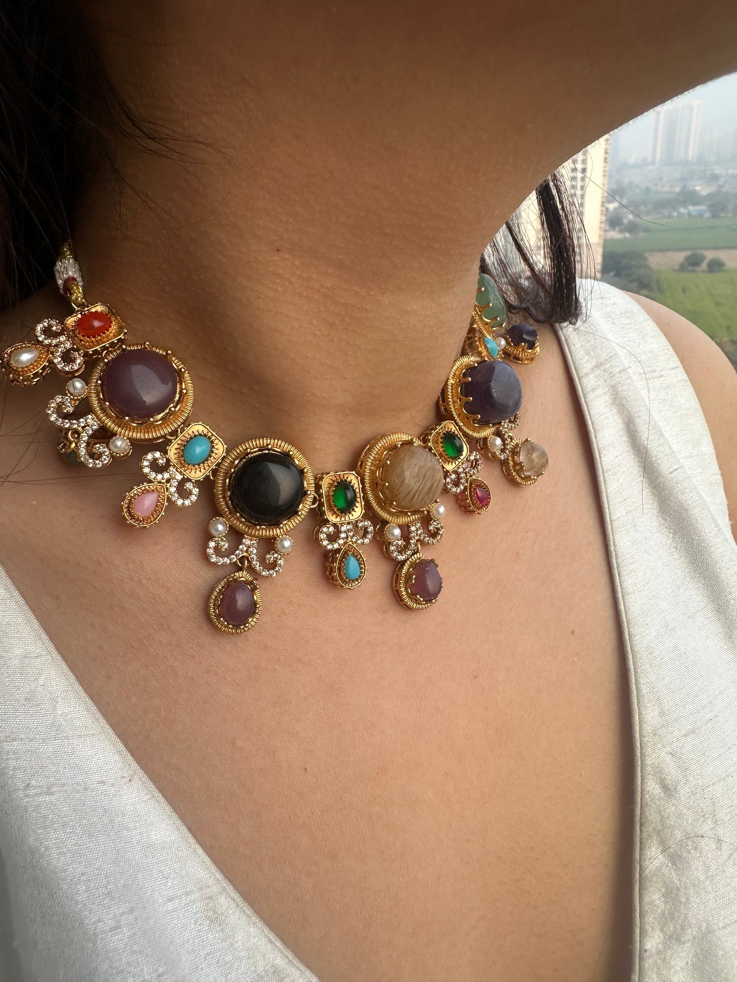 Handmade Navratna Style Choker Set - Multi-Gemstone Gold Plated Indian Necklace & Earrings - Ethnic Statement Set