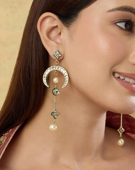 Gold-Plated Chandbali Long Drop Earrings with Kundan & Pearl Accents