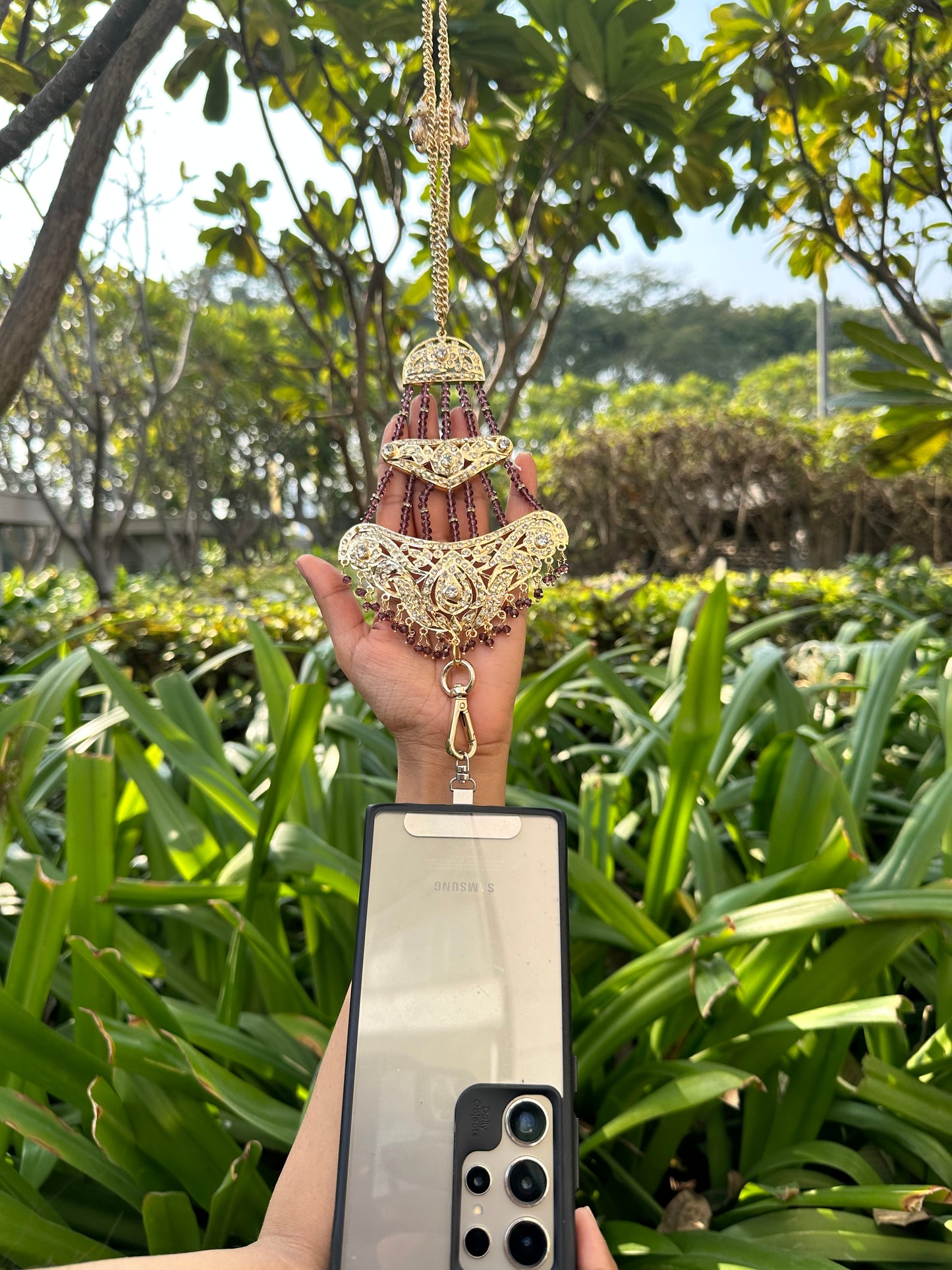 Handmade Tiered Kundan Phone Sling – Gold Crossbody Chain with Charms