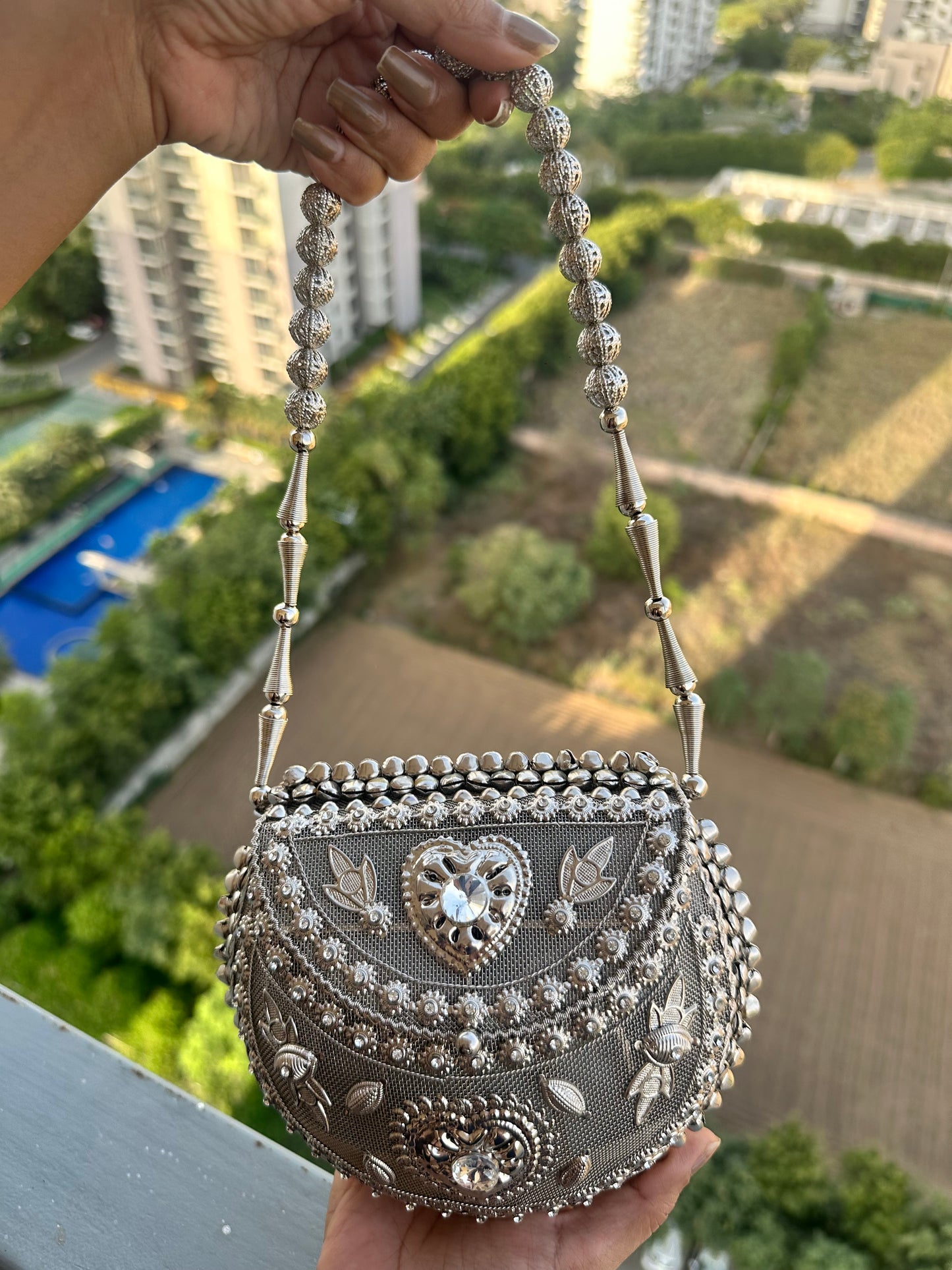 Silver Beaded Potli Clutch
