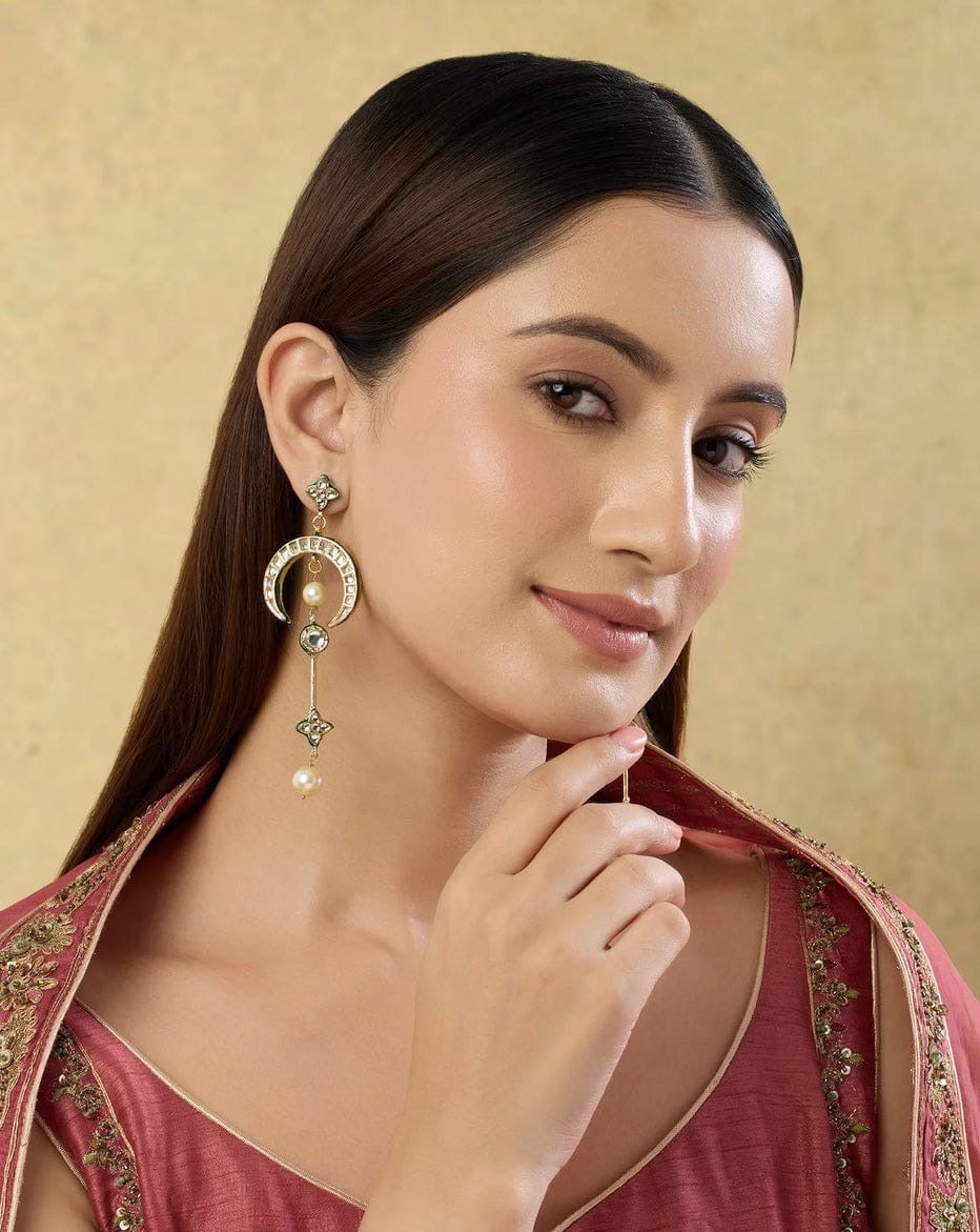 Gold-Plated Chandbali Long Drop Earrings with Kundan & Pearl Accents