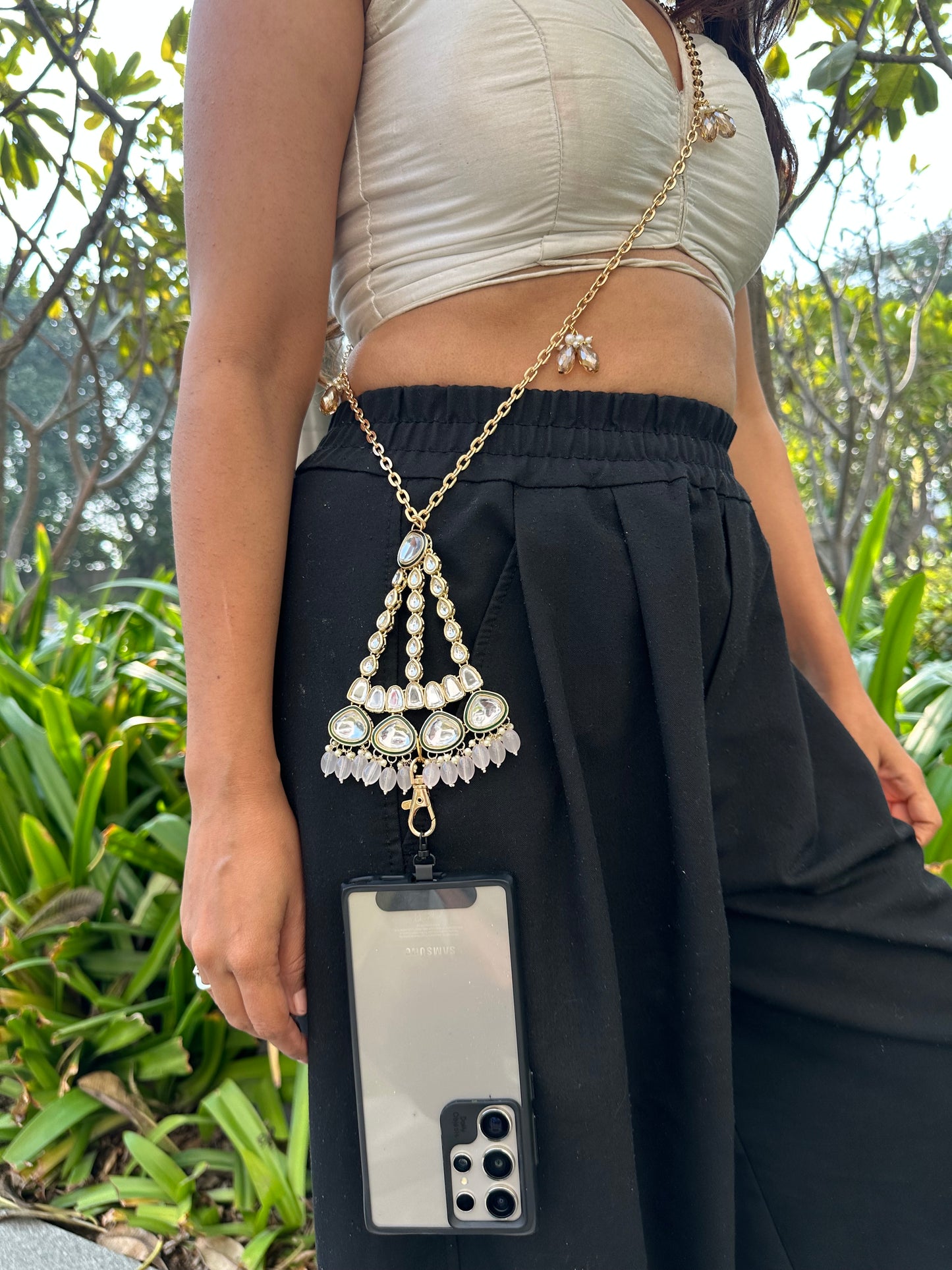 Handmade Polki Phone Sling – Gold Wedding Chain with Universal Tether and Charms