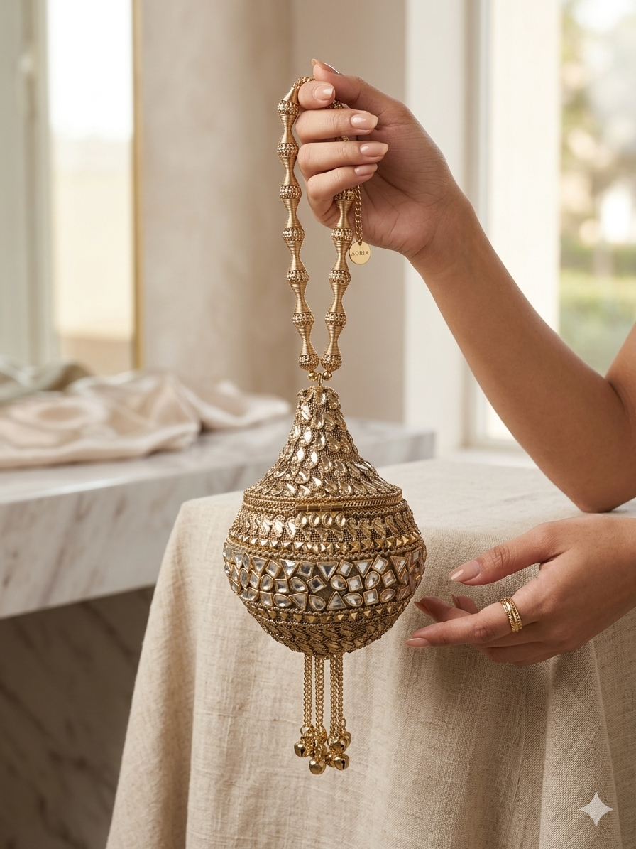 Handcrafted Antique Dome Clutch Bag • Royal Mirror Mosaic Encrusted Orb Purse • Mughal Style Teardrop Potli Bag • Statement Bridal Wedding Clutch