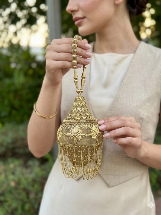 Gold Filigree Mini Potli Clutch - Vintage-Inspired Metal Minaudière with Floral Detail and Fringe Tassels