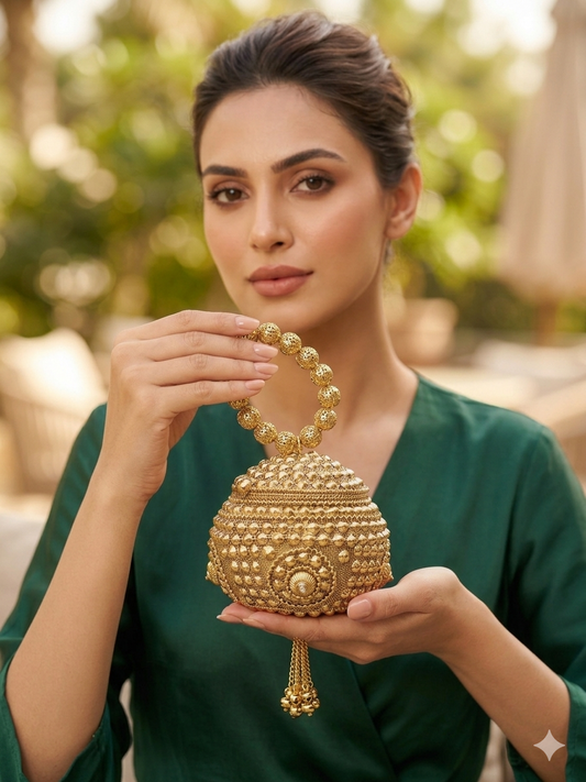 Majestic Gold Sphere Filigree Bridal Clutch with Beaded Tassel & Bead Handle