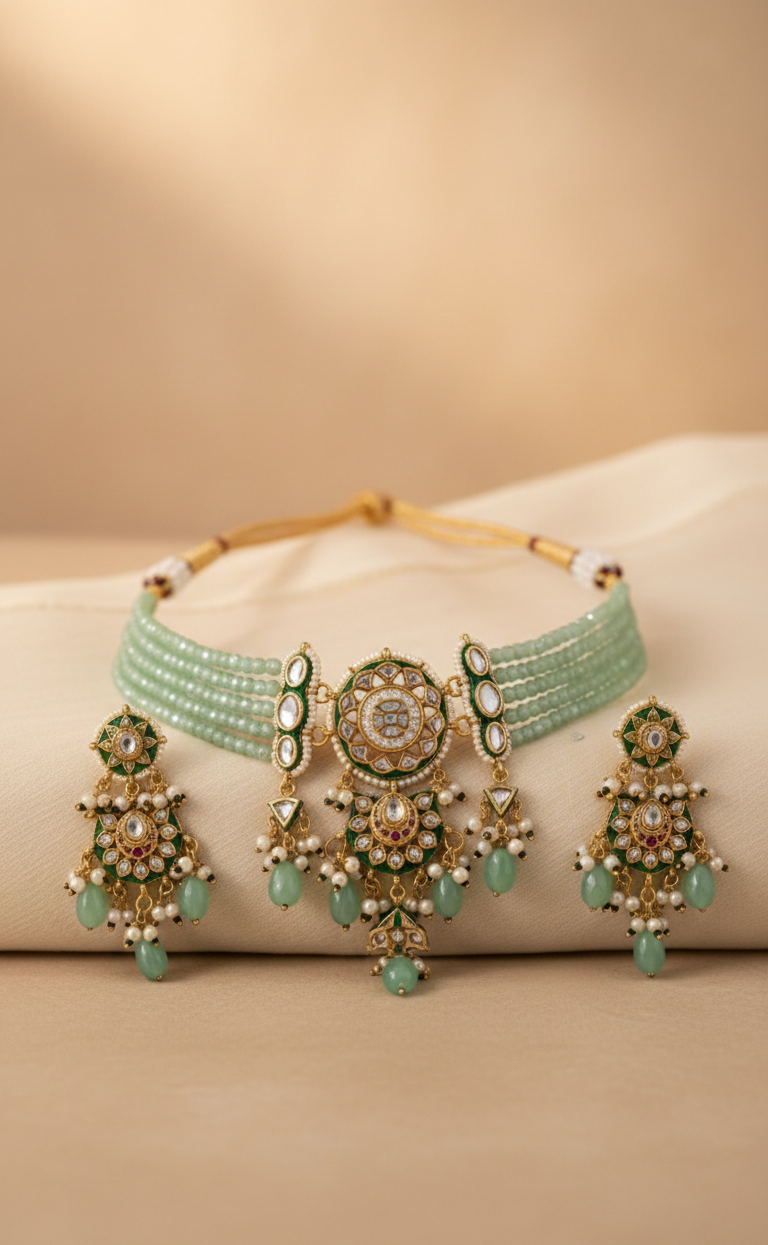 Bikaneri Emerald Dewdrop Kundan Choker Necklace set