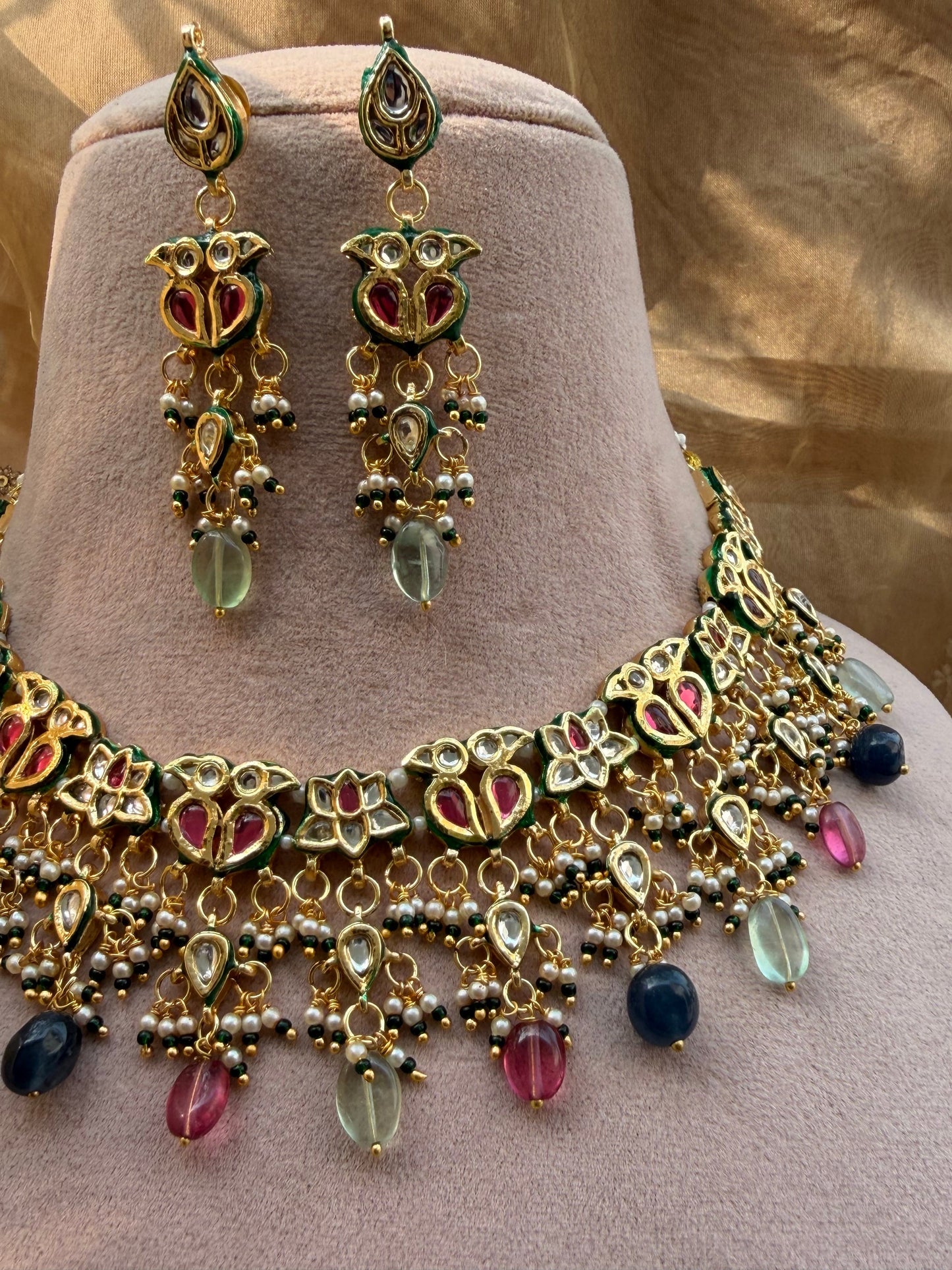 Gold-Plated Kundan Floral Necklace Set with Multicolor Gemstone Drops