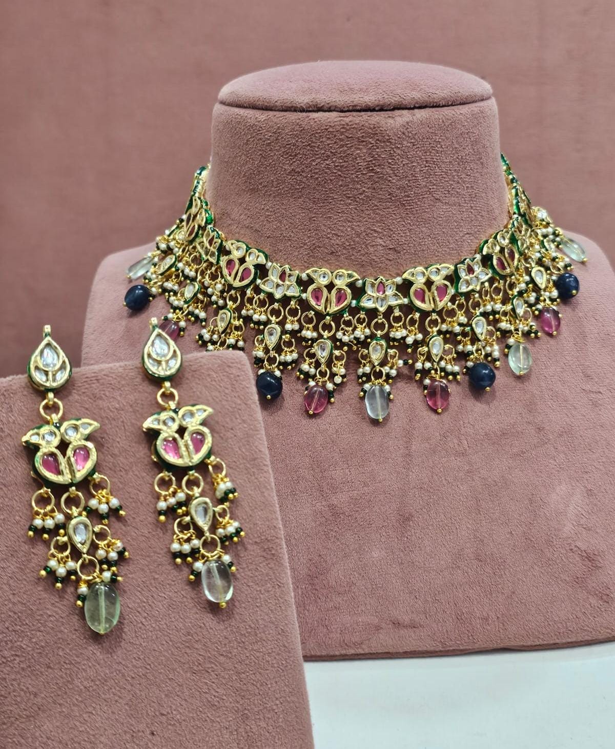 Gold-Plated Kundan Floral Necklace Set with Multicolor Gemstone Drops
