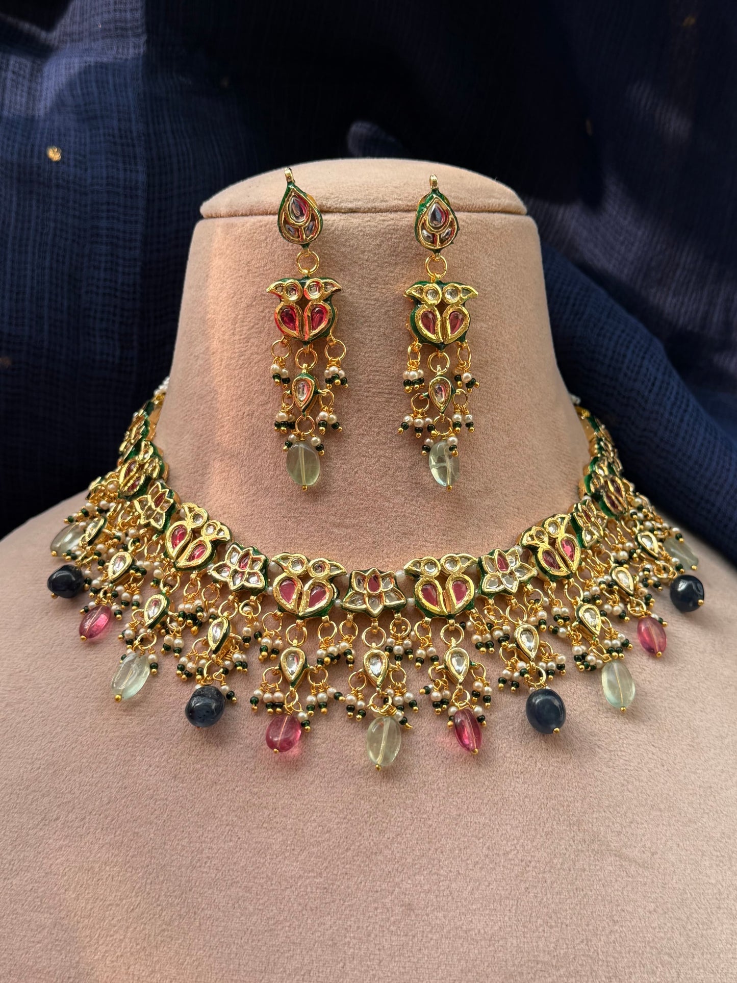 Gold-Plated Kundan Floral Necklace Set with Multicolor Gemstone Drops