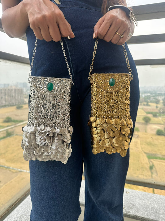 Monal Metal Filigree Mobile Clutch with waist hook and long detachable sling