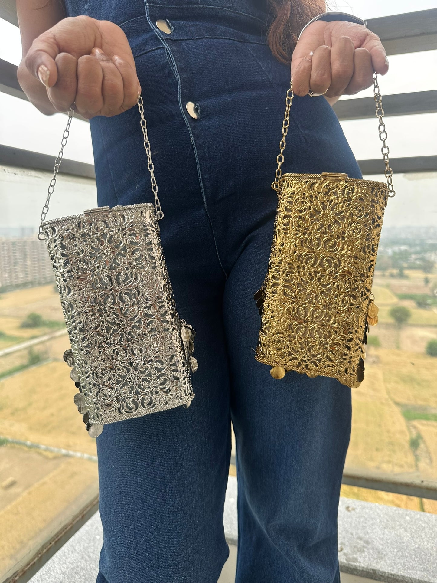 Monal Metal Filigree Mobile Clutch with waist hook and long detachable sling